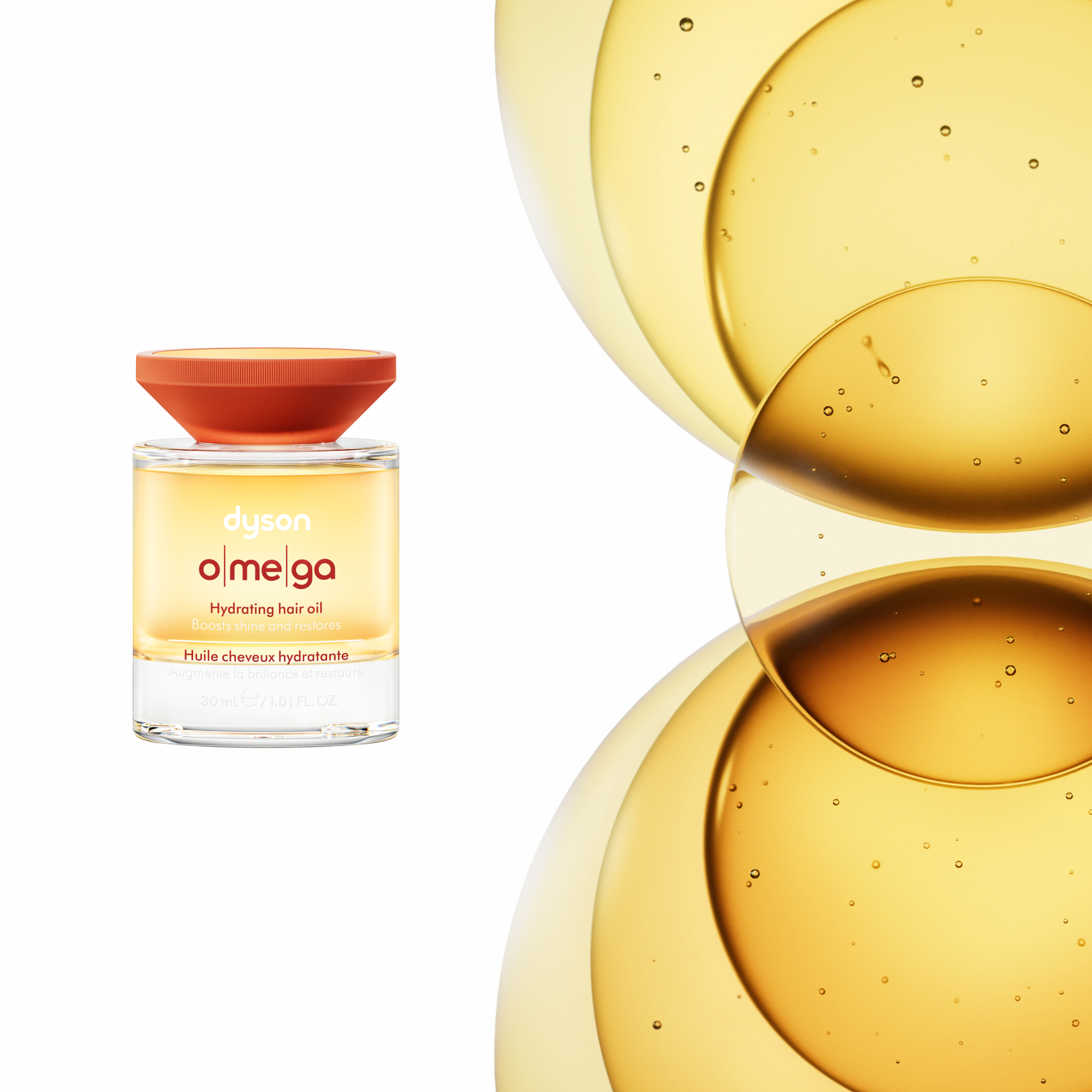 Dyson Omega Haaröl in einem Glasfläschchen mit orangefarbenem Deckel, neben Ölblasen.