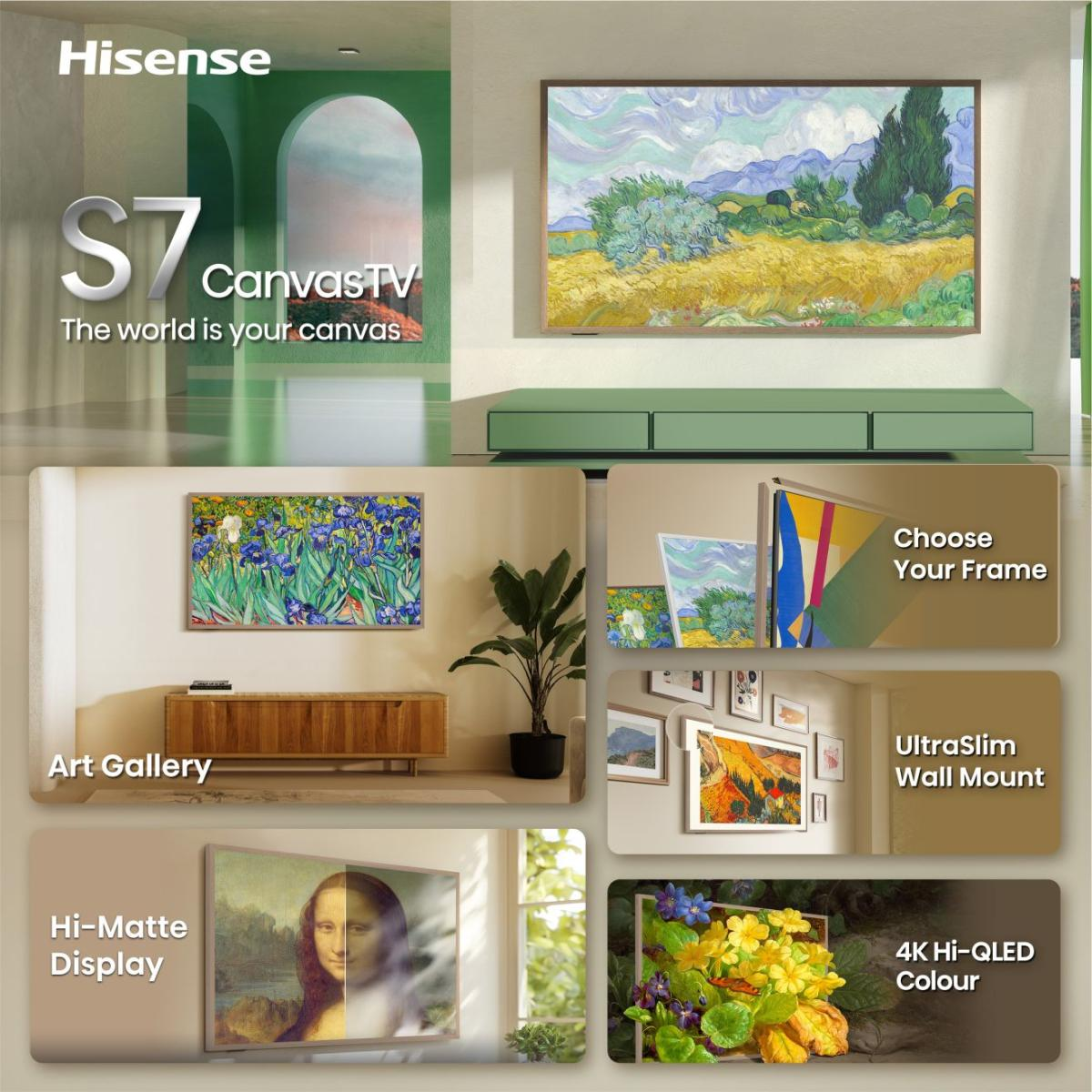 Hisense S7 Canvas TV mit Van Gogh Gemälden und verschiedenen Montageoptionen.