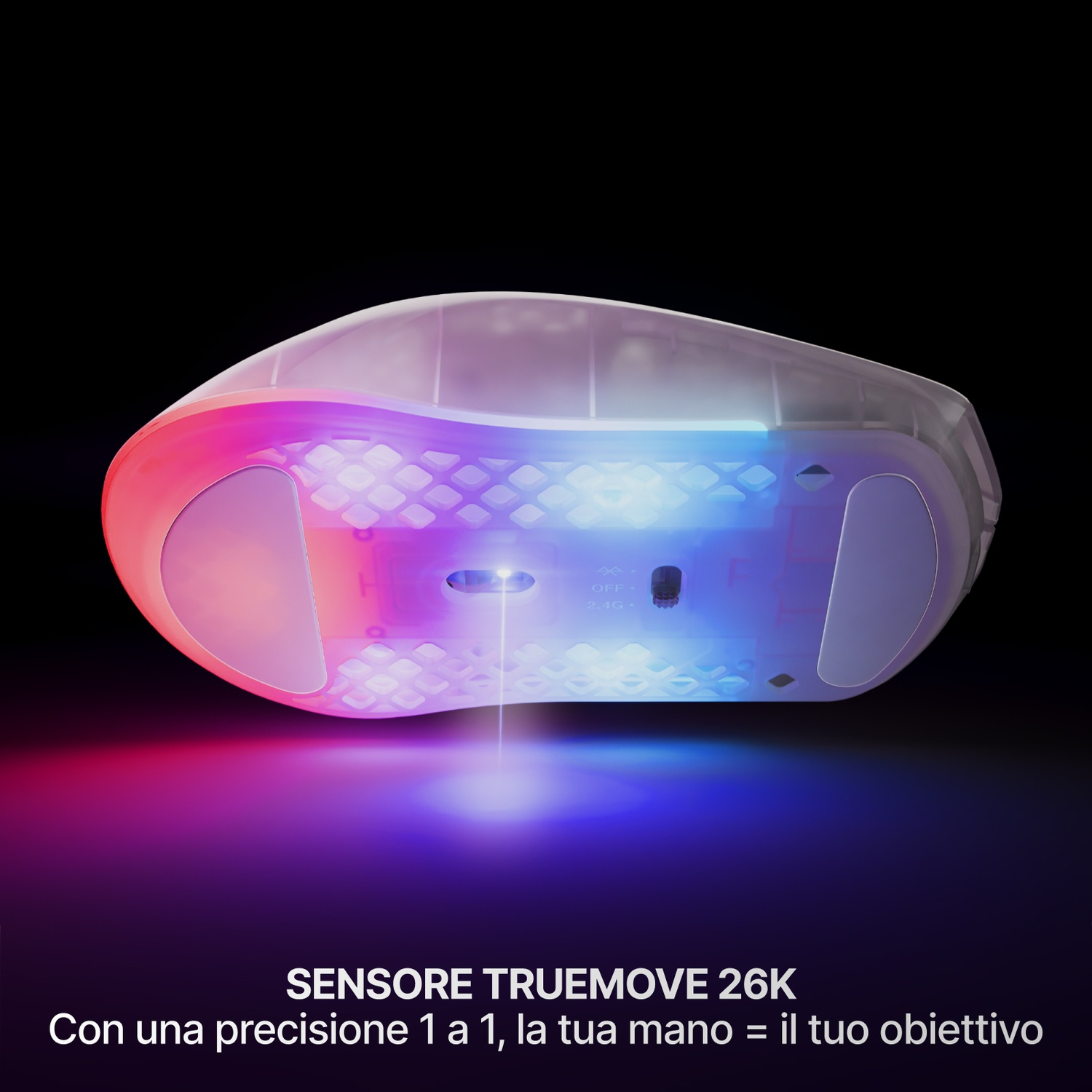 Un mouse traslucido con illuminazione RGB su sfondo nero.