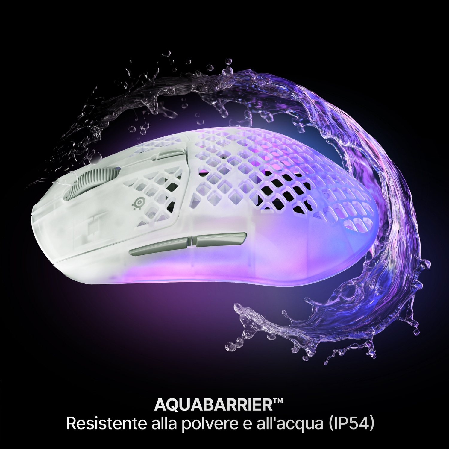 Mouse gaming bianco con schizzi d'acqua, illuminazione viola, sfondo nero.