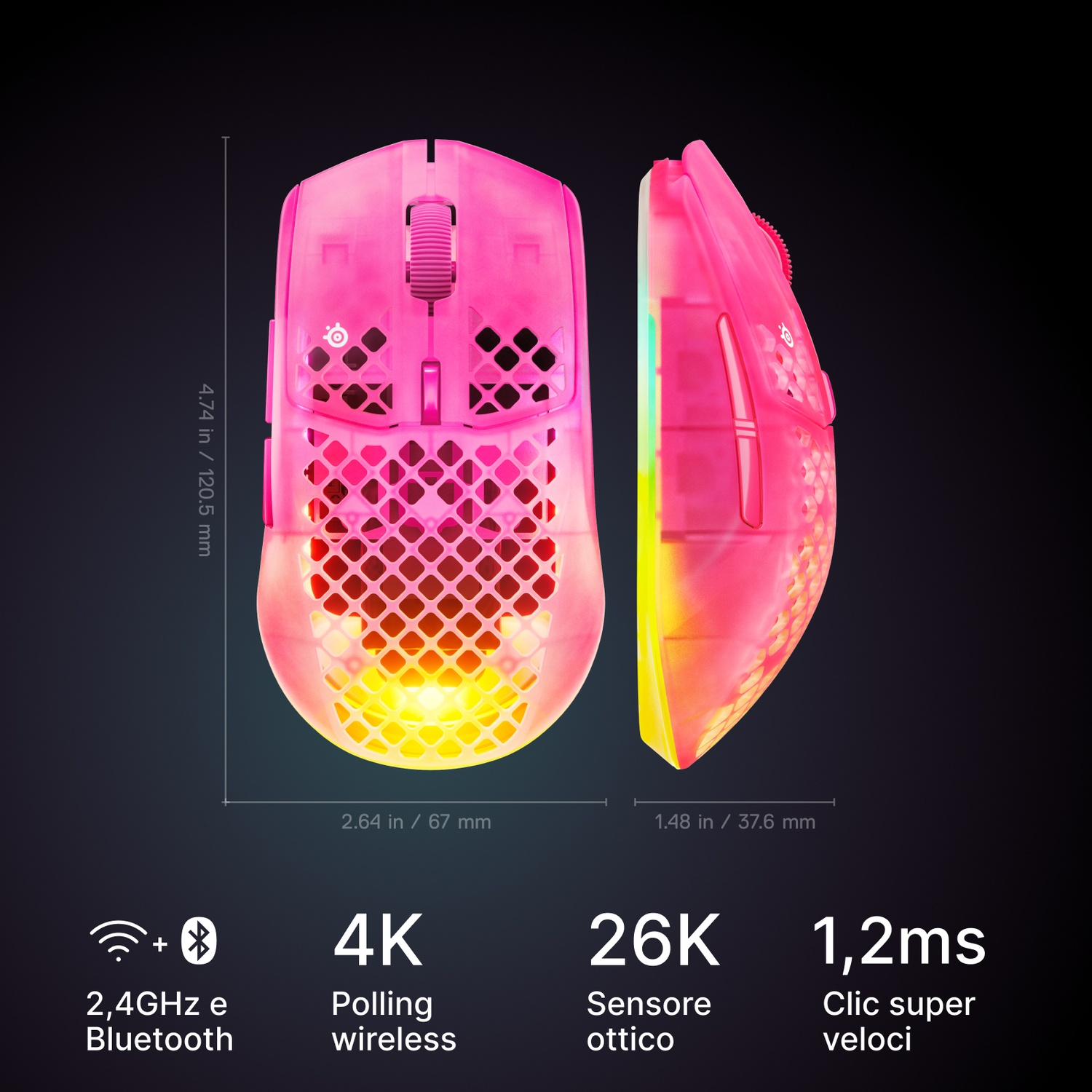 Un mouse da gaming rosa traslucido con illuminazione RGB e dimensioni.