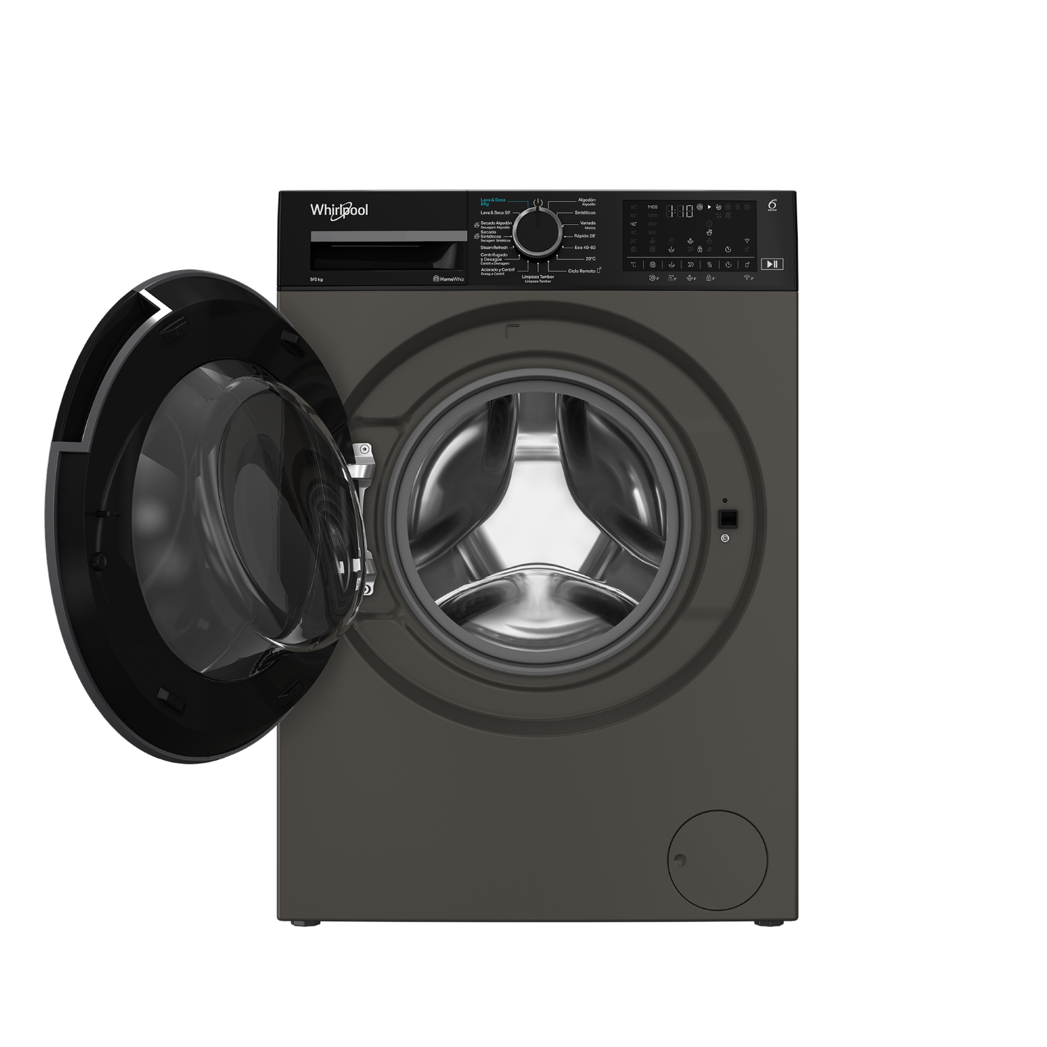 Una lavadora Whirlpool gris con la puerta abierta y panel de control digital.