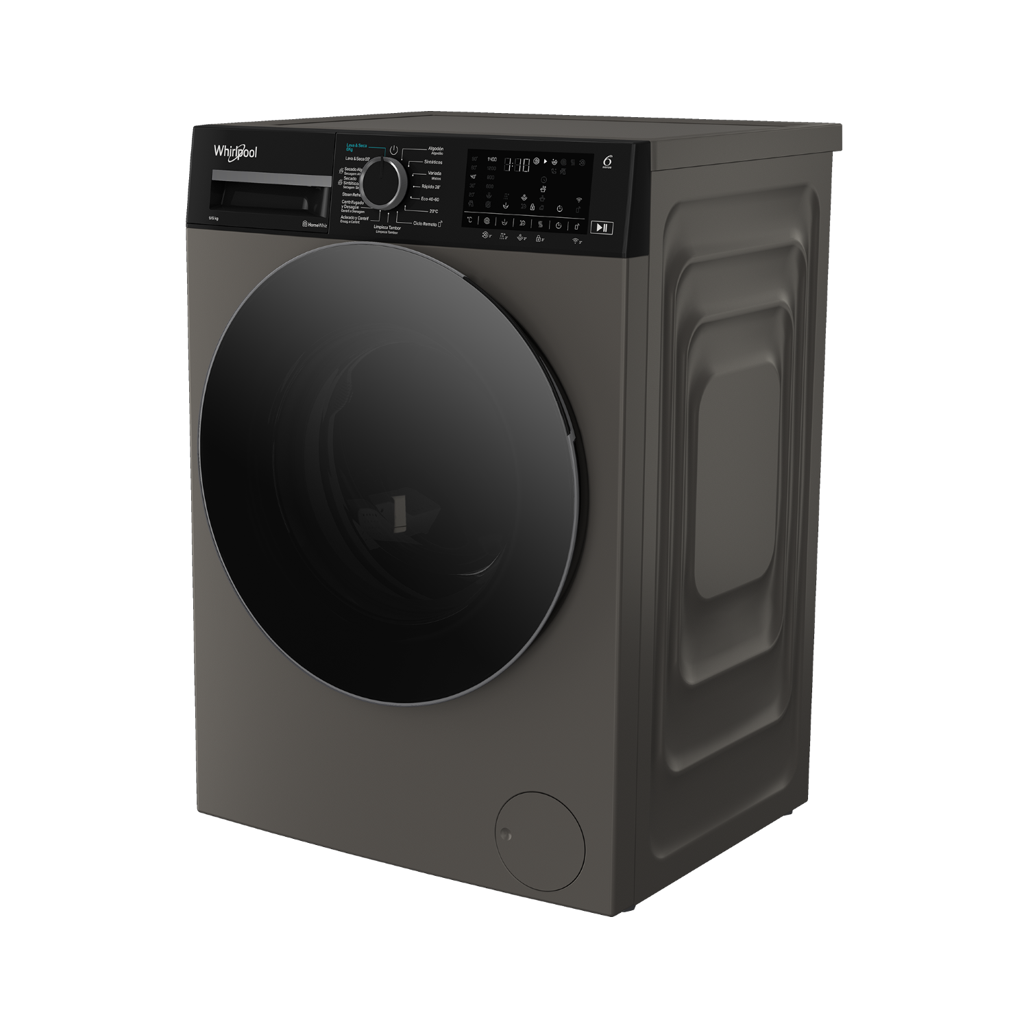 Lavadora gris oscuro con puerta negra y panel de control digital.