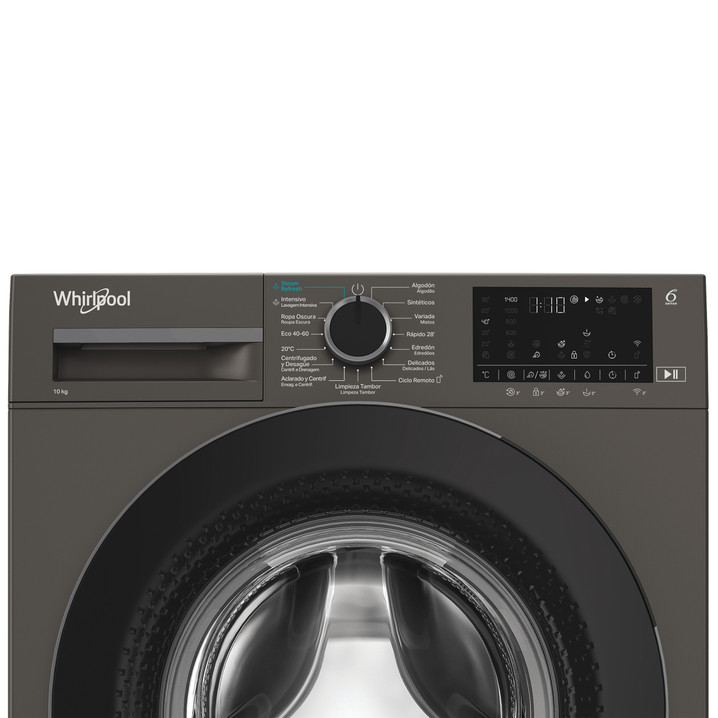 Lavadora Whirlpool gris oscuro con panel de control, pantalla y puerta redonda.