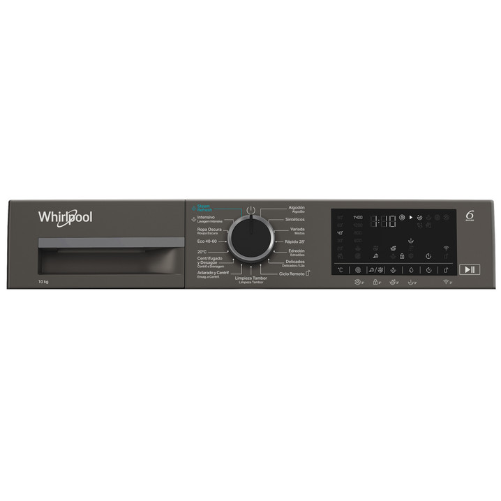 Lavadora gris oscuro con pantalla digital y selector de programas.