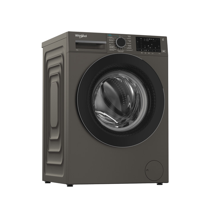 Una lavadora Whirlpool gris oscuro con puerta negra y panel de control digital.