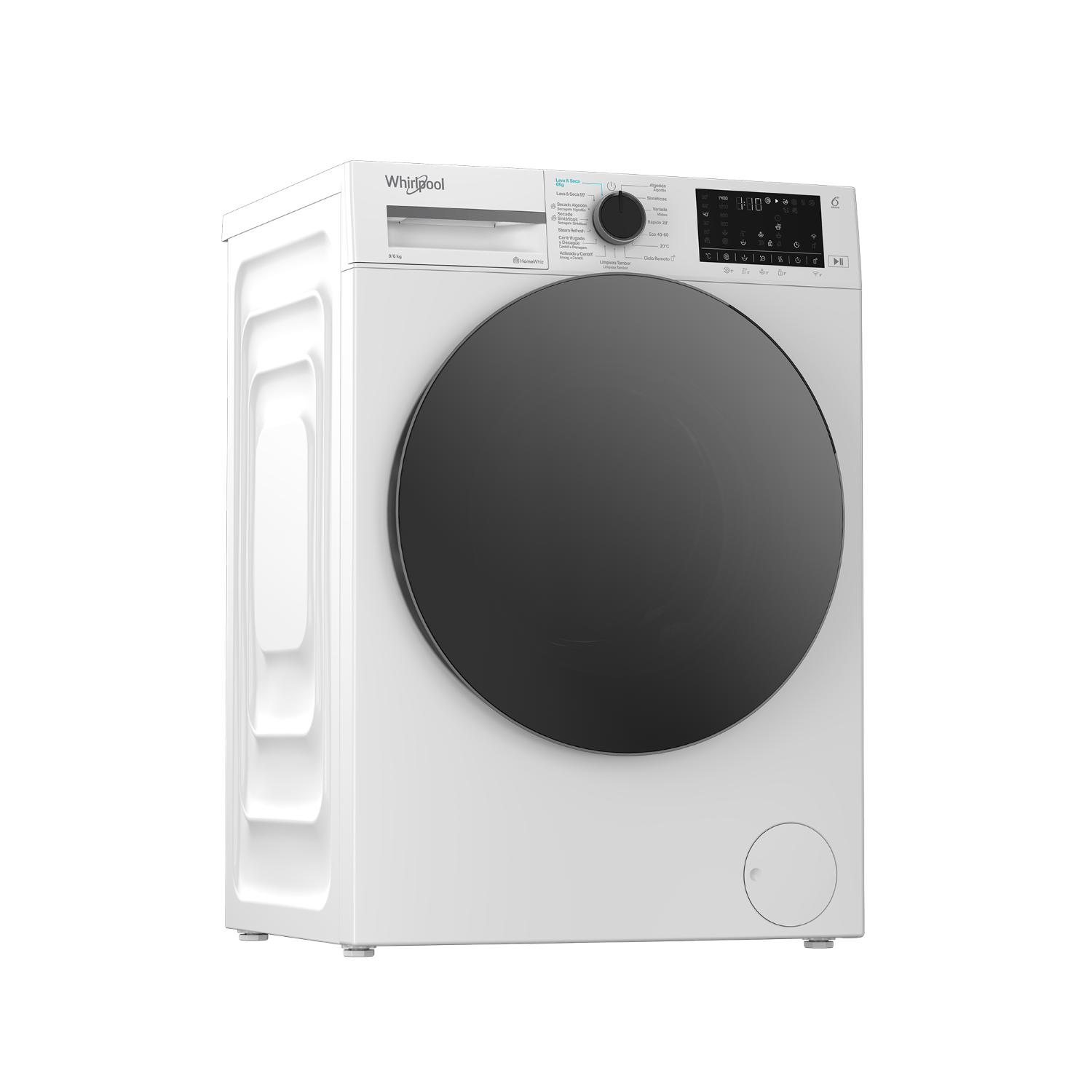 Lavadora blanca Whirlpool con pantalla digital y tambor negro grande.