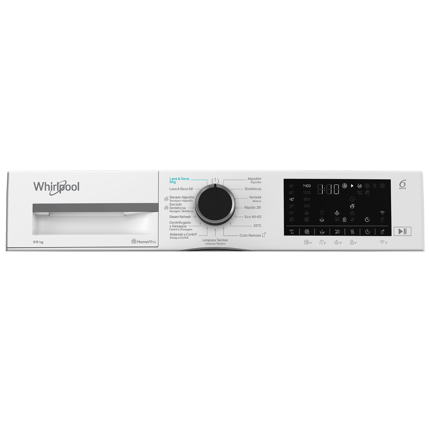 Panel de control de una lavadora blanca Whirlpool con selección de programas y pantalla.