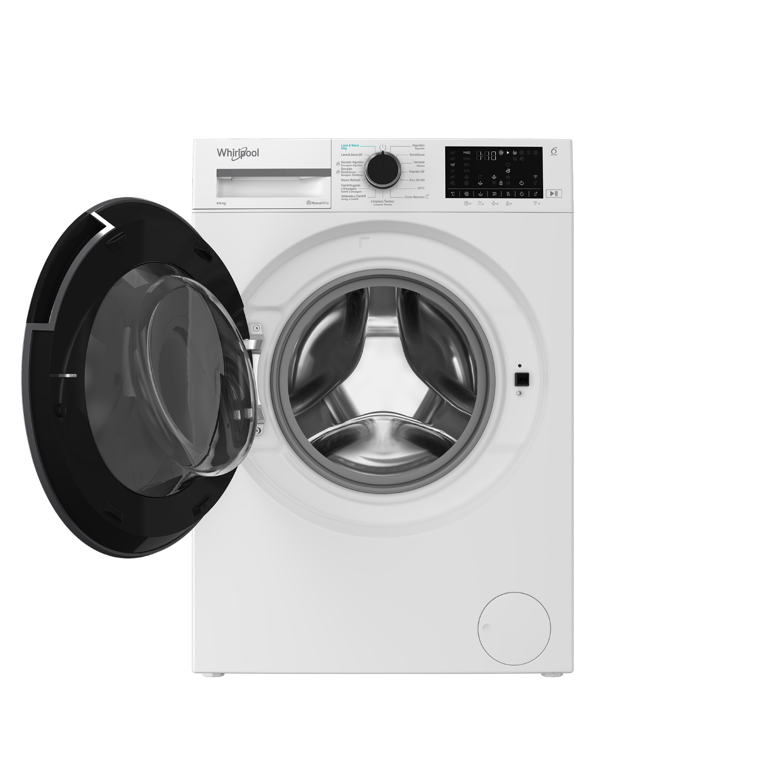 Una lavadora blanca Whirlpool con la puerta negra abierta y panel de control.