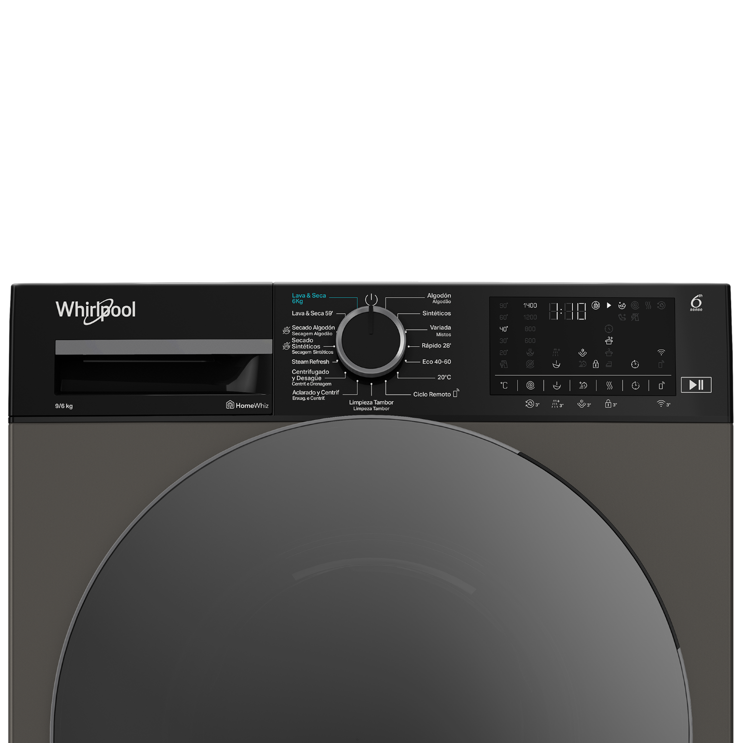 Panel de control de lavadora con selector, pantalla e iconos de programas.