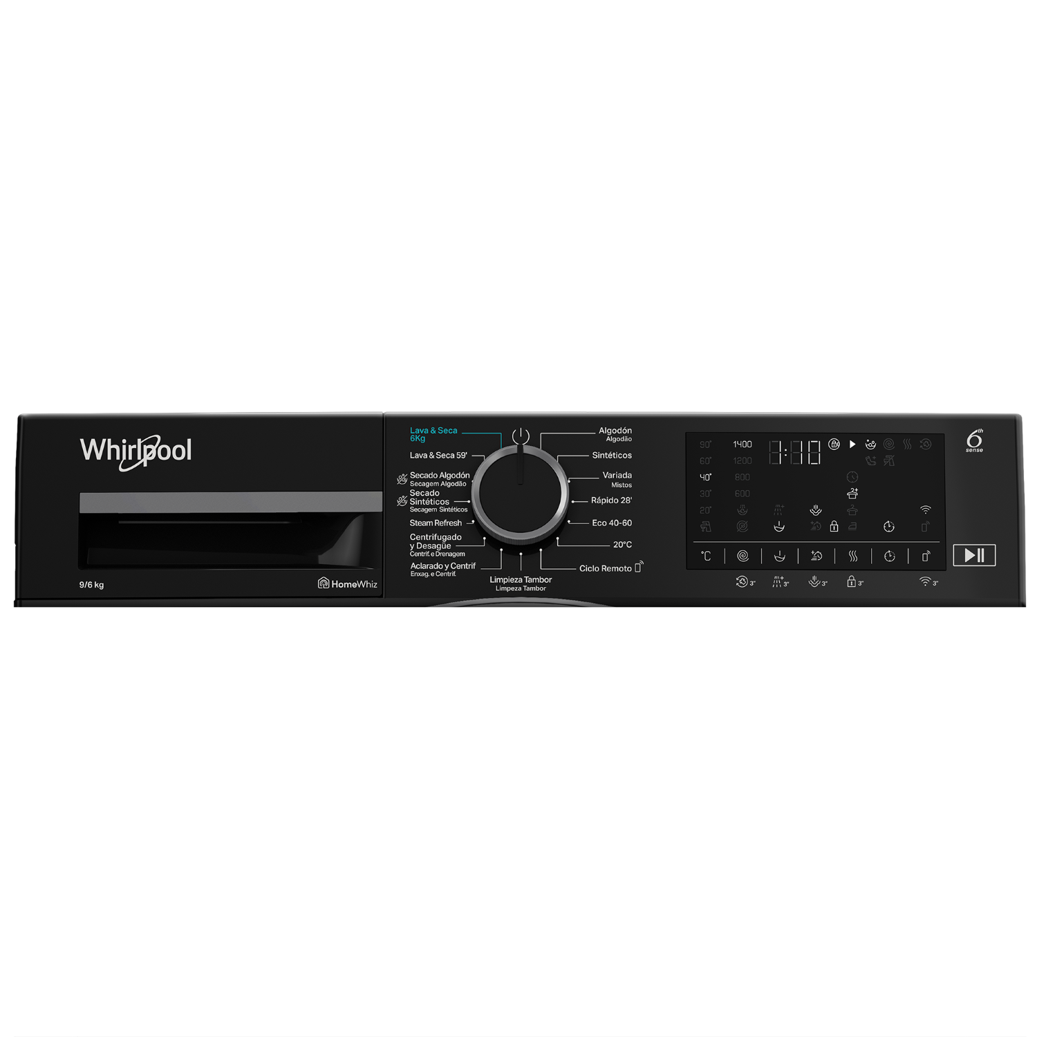 Panel de control de lavadora Whirlpool con selección de programas y pantalla digital.