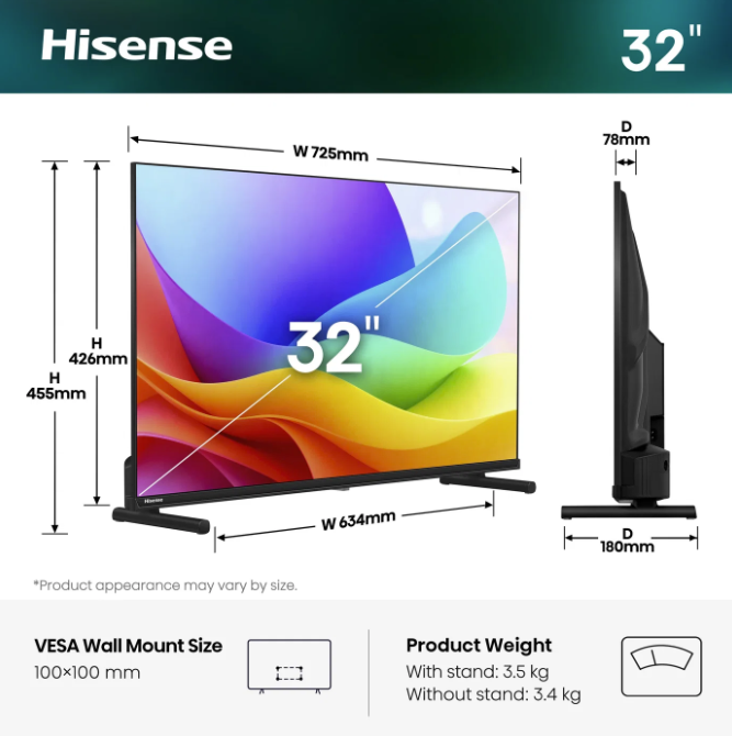 32-Zoll Hisense TV mit Maßen und Gewichtsangaben.