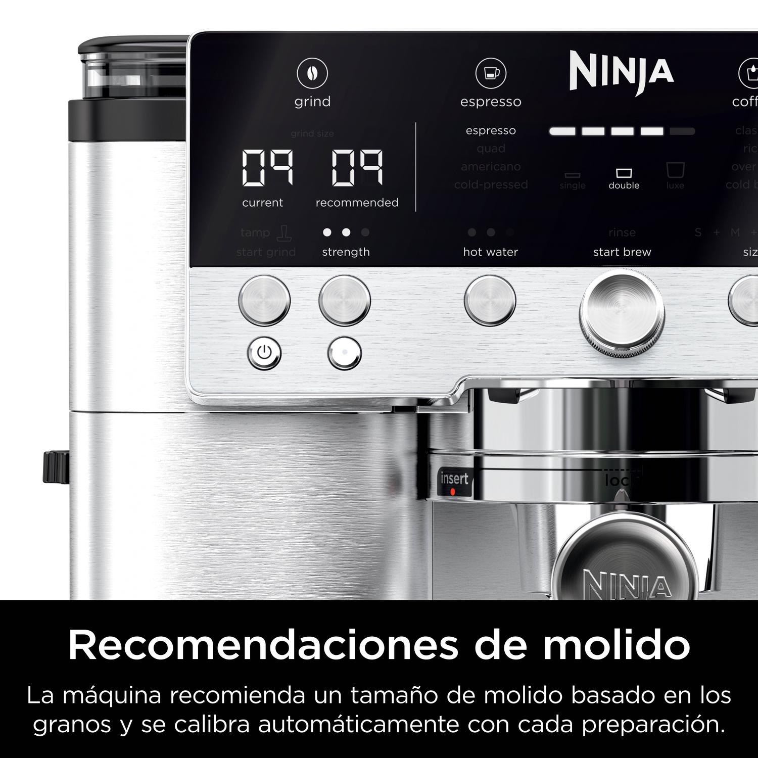 Recomendaciones de molido, la máquina recomienda un tamaño de molido basado en los granos y se calibra automáticamente con cada preparación