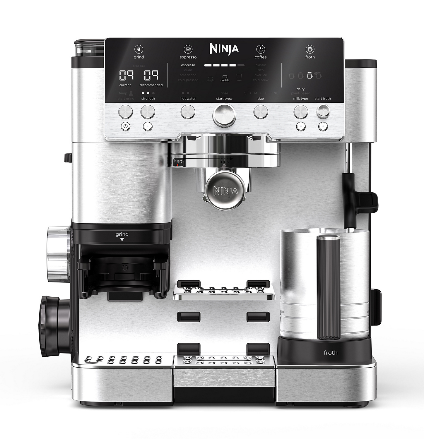 Una cafetera Ninja plateada con pantalla digital que muestra opciones de preparación.
