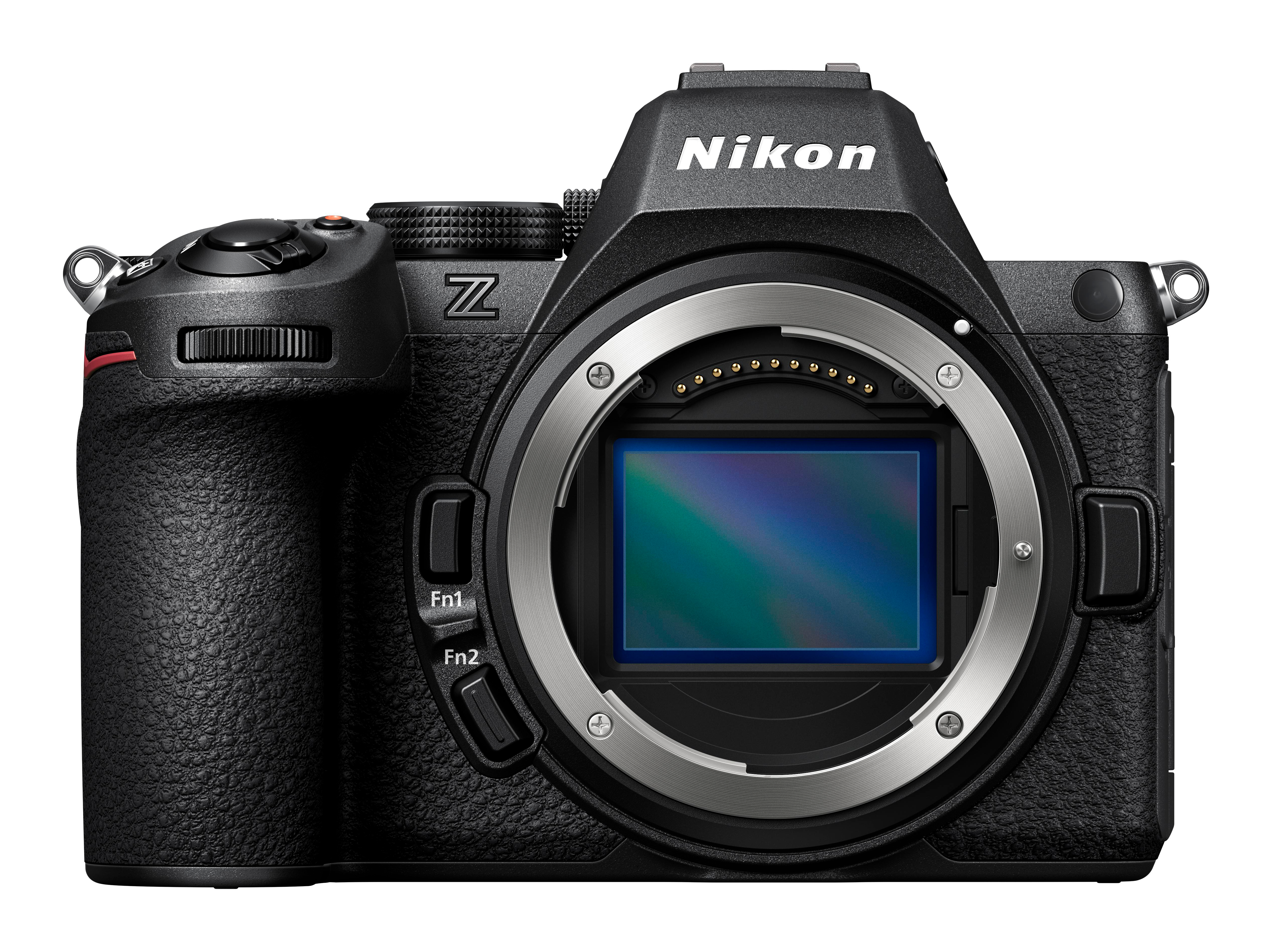 Eine schwarze Nikon Z Kamera mit Sensor und Objektivbajonett.