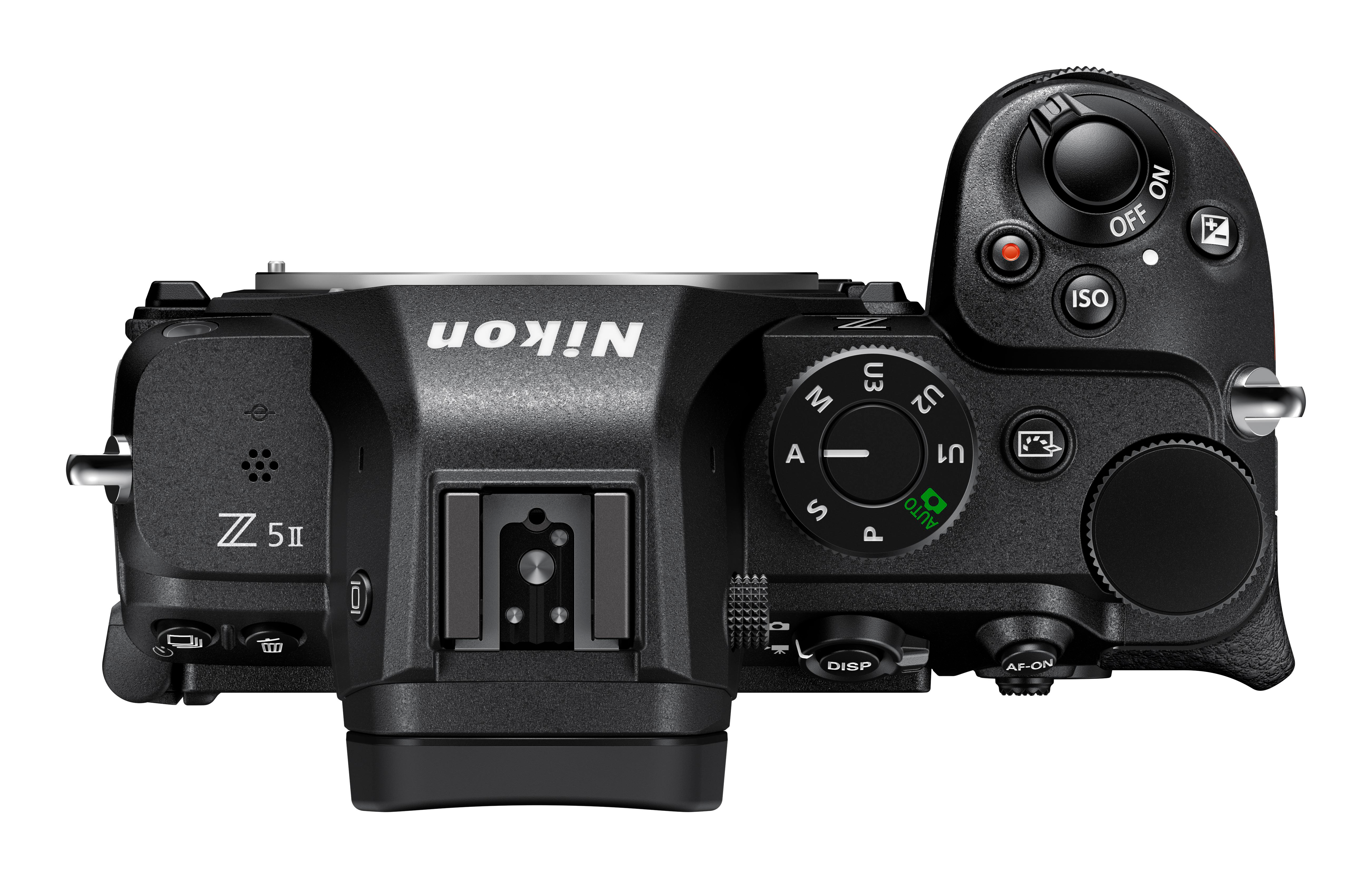Eine schwarze Nikon Z 5II Kamera von oben mit Fokus auf Bedienelemente.