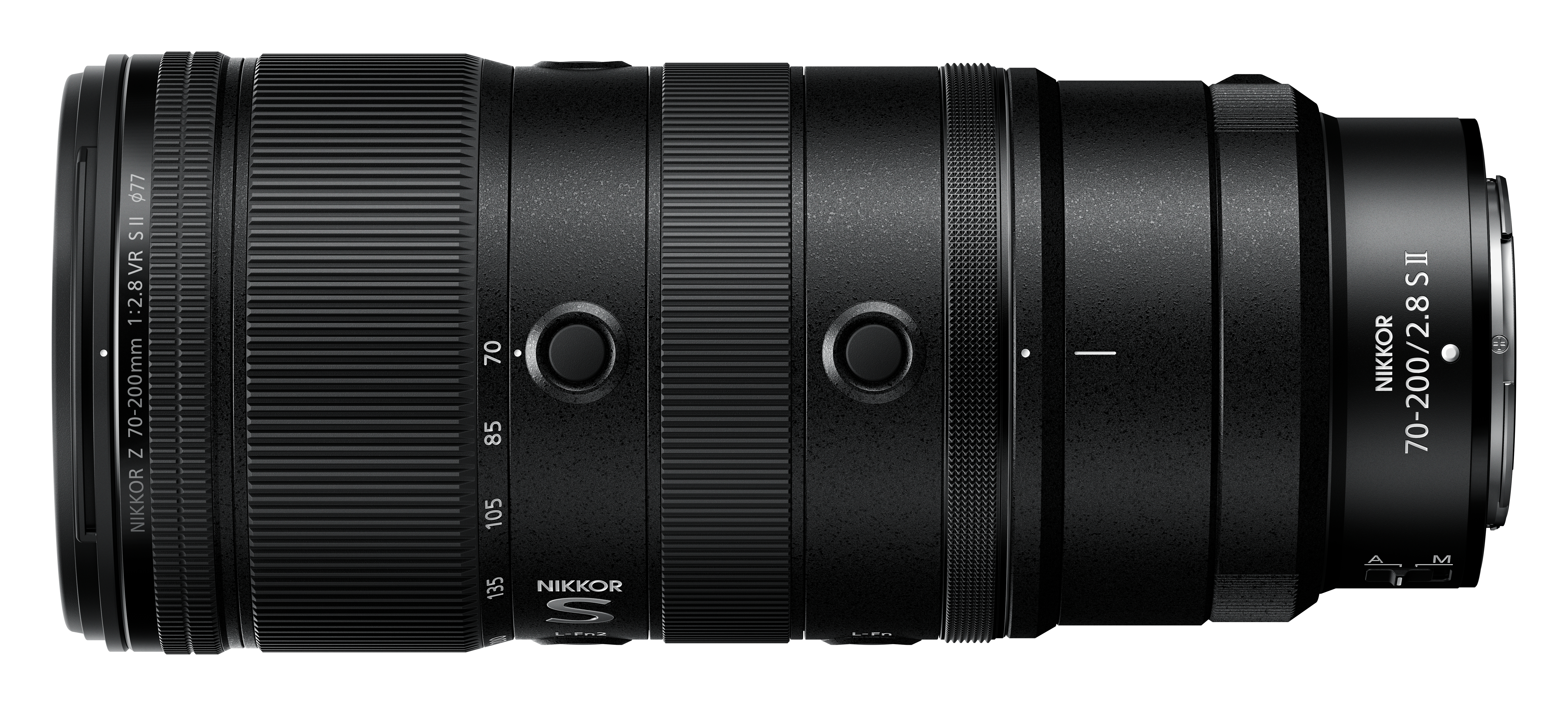 Ein schwarzes NIKKOR Z 70-200mm 1:2.8 VR S II Objektiv mit Zoom- und Fokusringen.