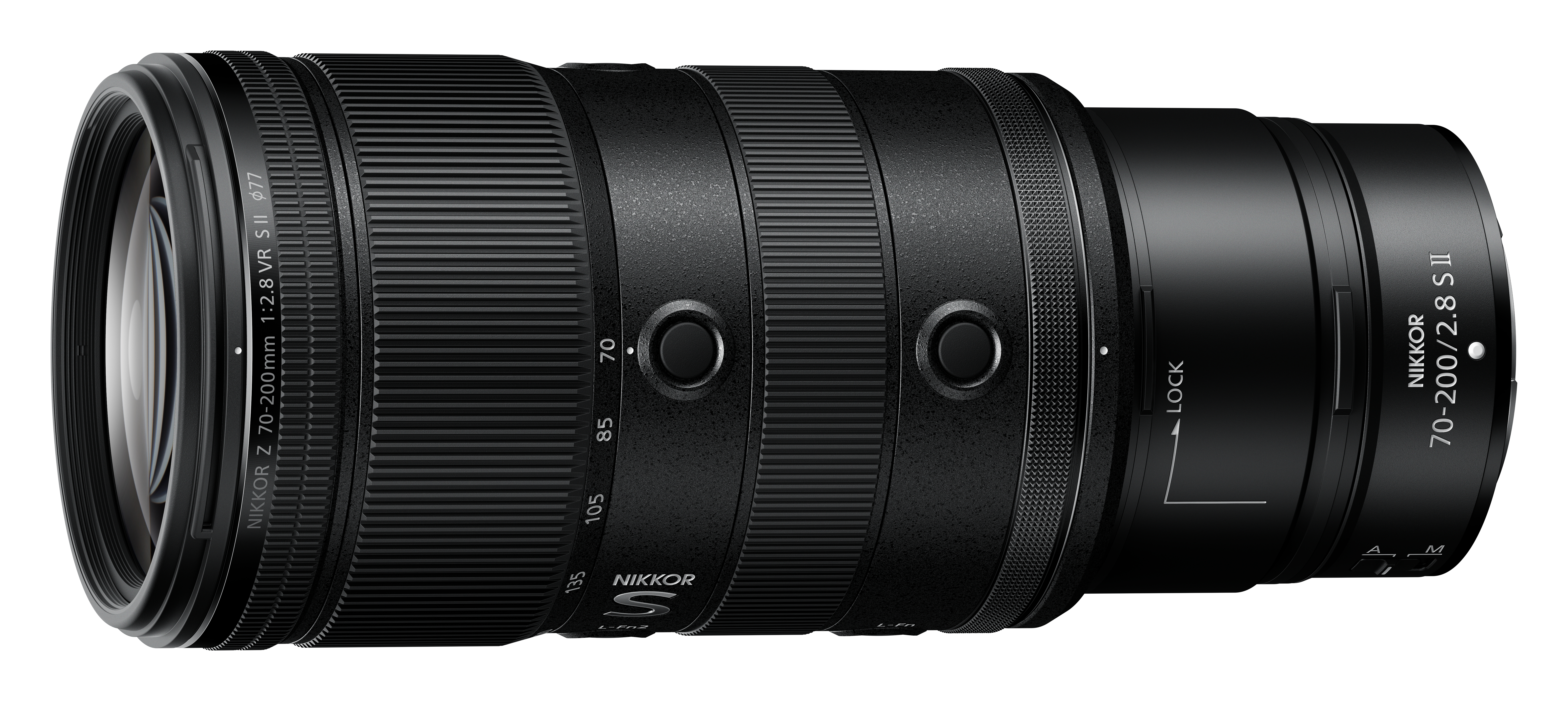 Schwarzes NIKKOR Z 70-200mm 1:2.8 VR S Objektiv mit Zoom- und Fokusringen.