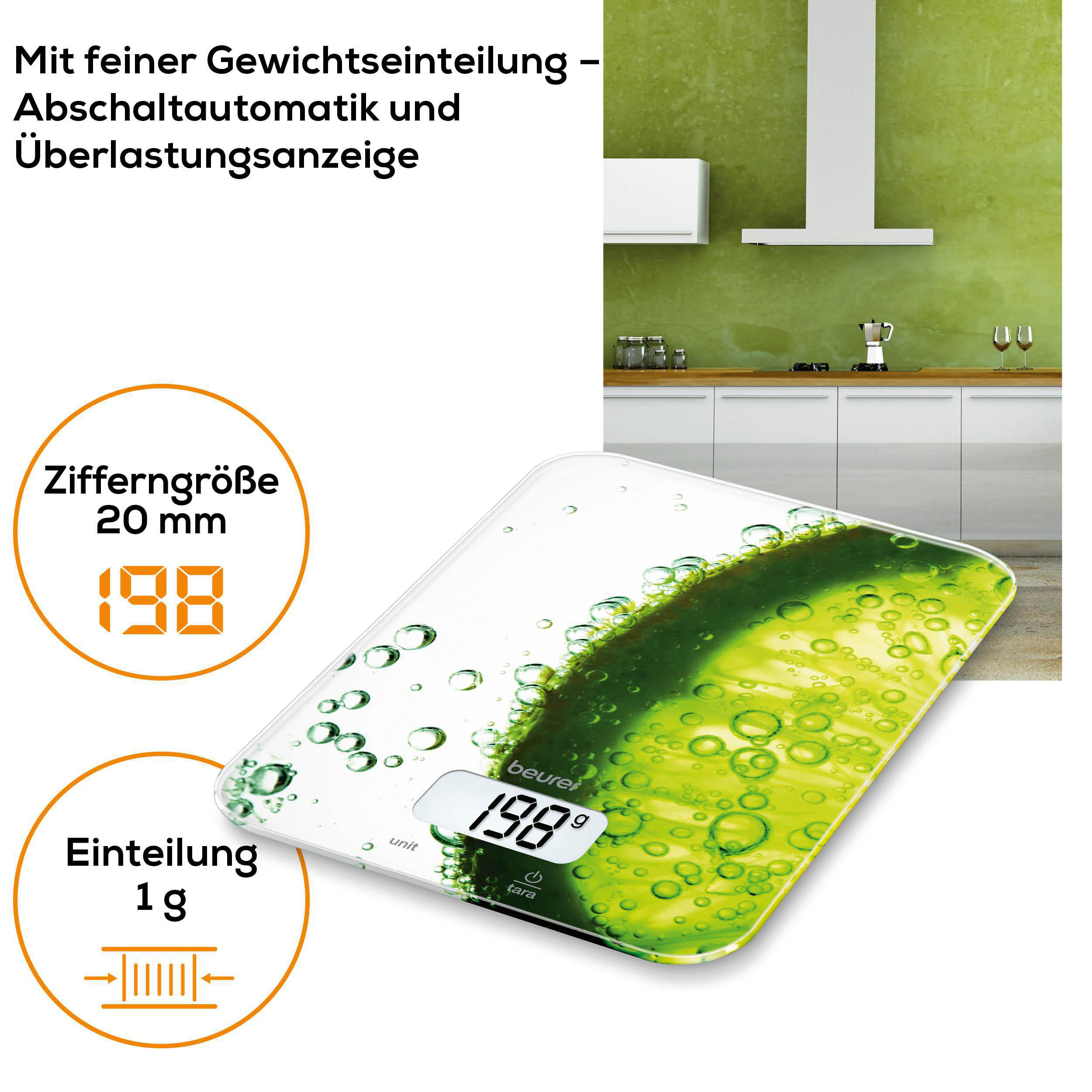 Eine digitale Küchenwaage mit grünem Zitronendesign und Anzeige von 198g.