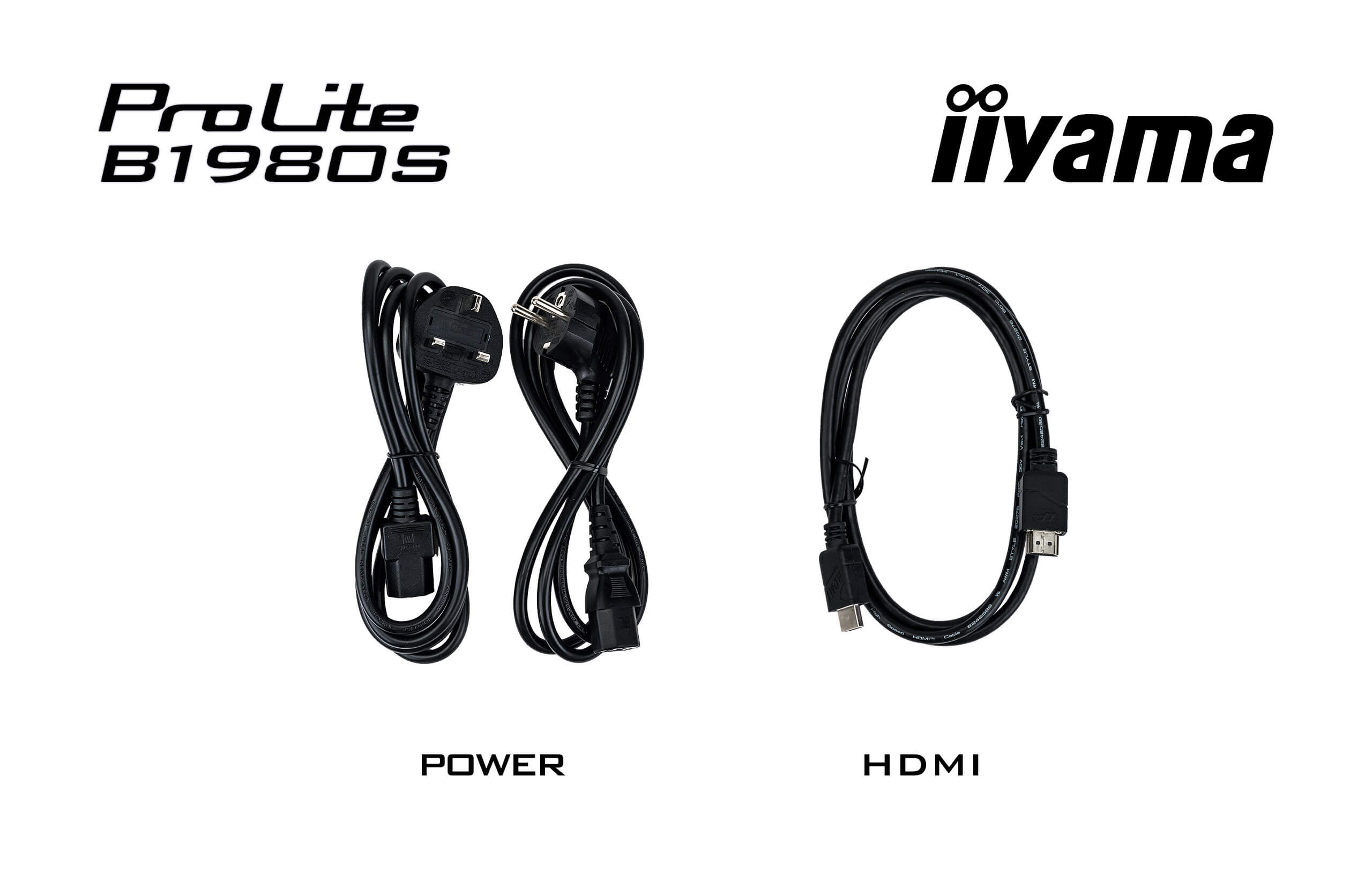 Zwei schwarze Kabel: ein Stromkabel und ein HDMI-Kabel.
