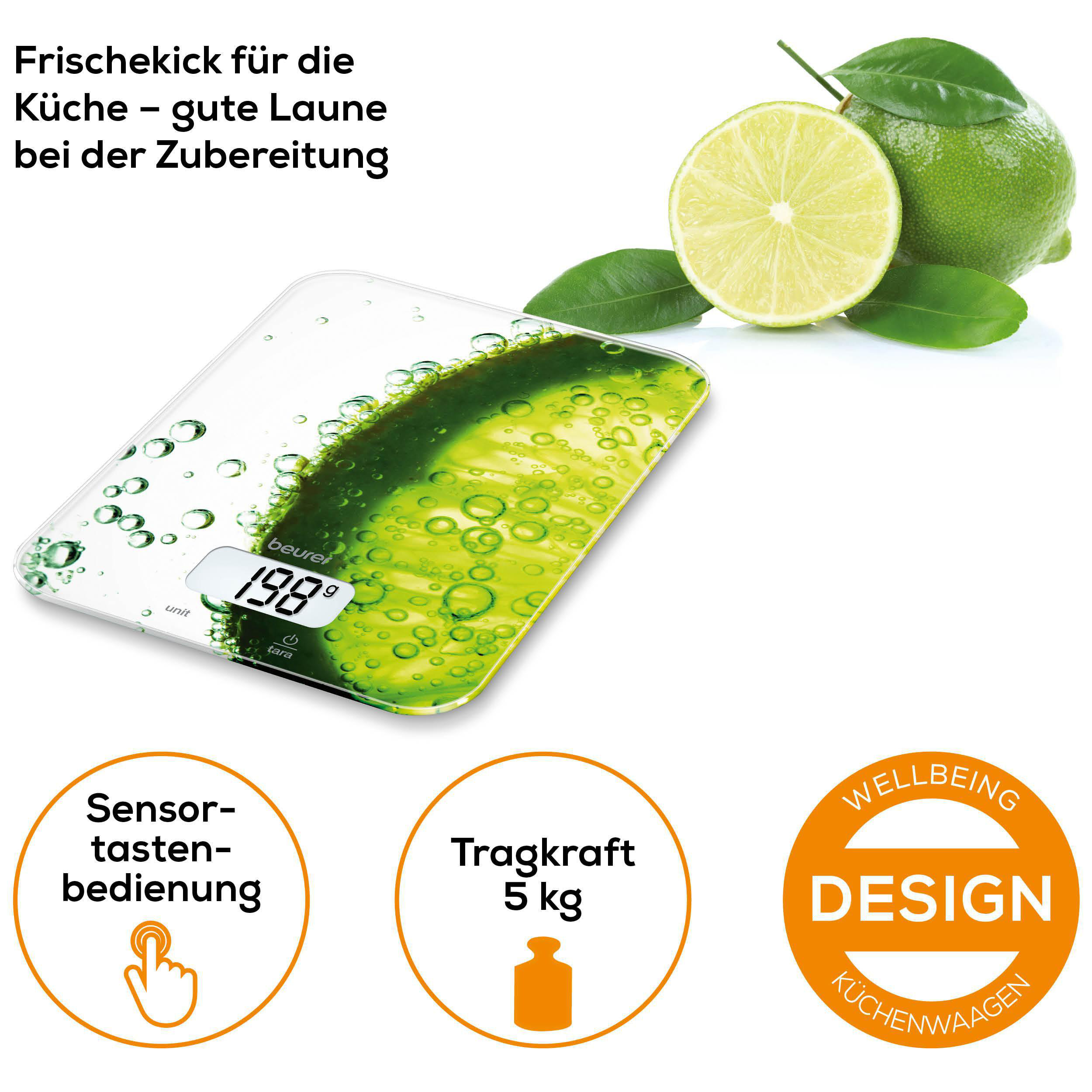 Eine digitale Küchenwaage mit einem Limetten-Design und Zitrusfrüchten.