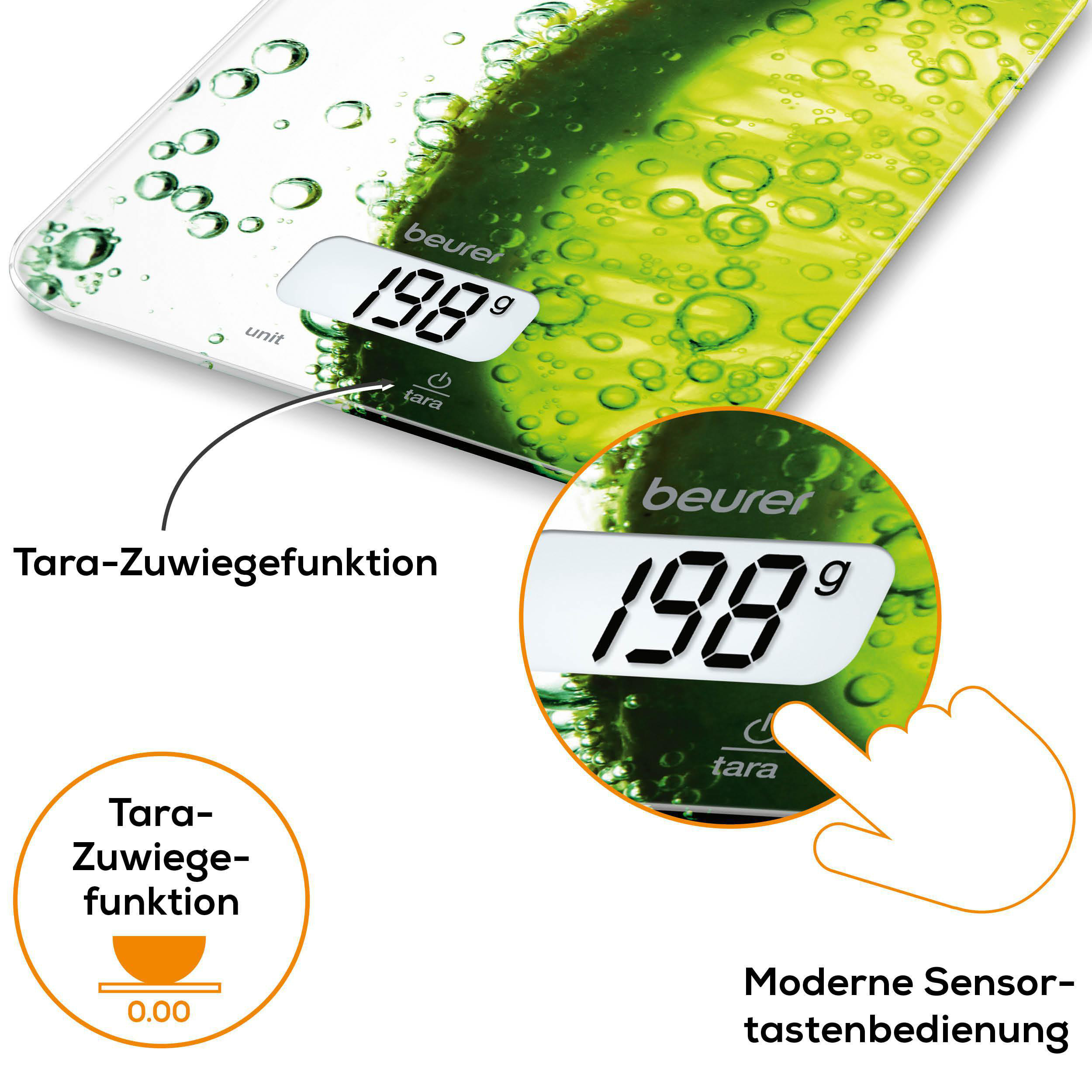 Digitale Waage mit Zitrusmotiv und Blasen, zeigt 198g. Sensor-Tasten.