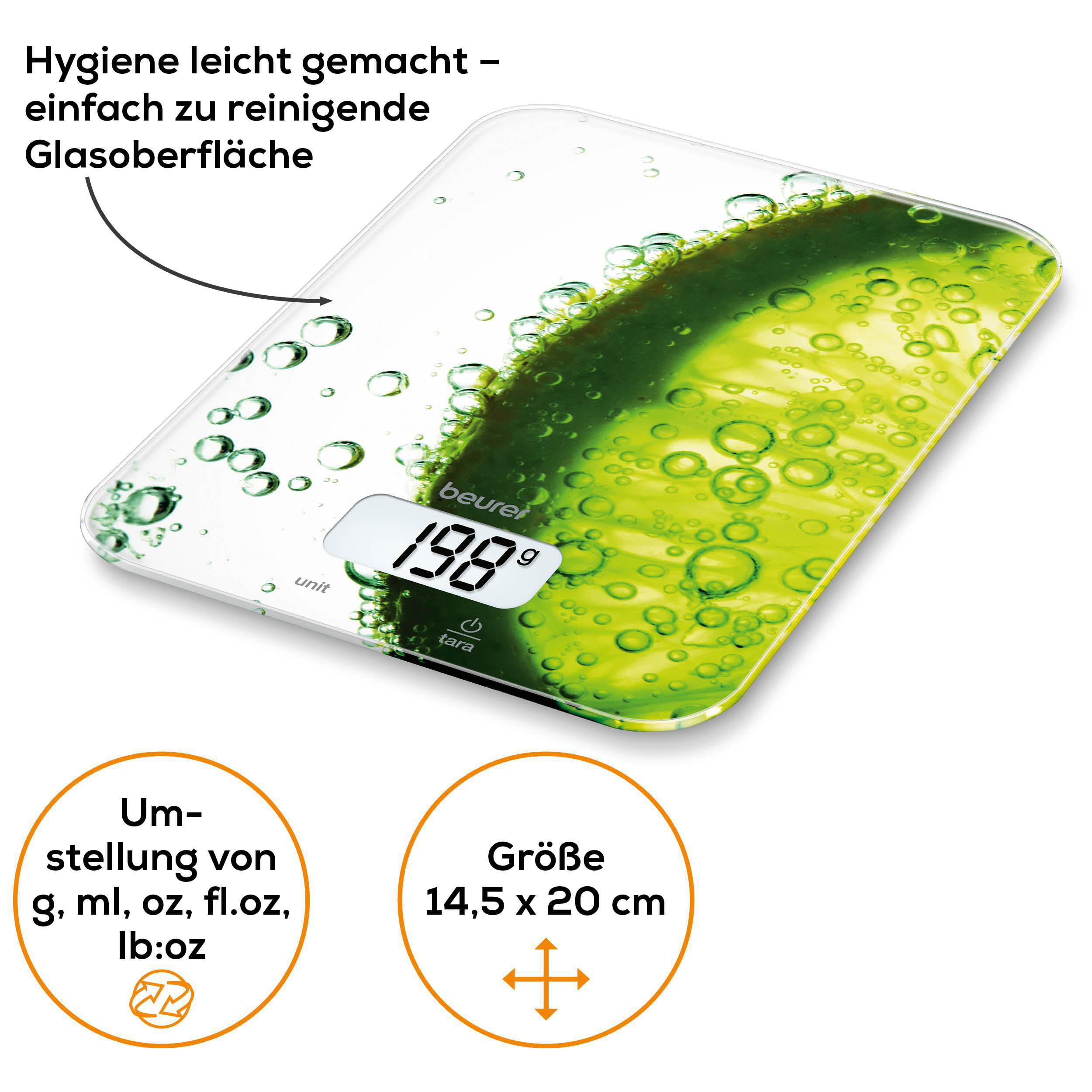 Eine digitale Küchenwaage mit Glasoberfläche und grünen Blasen-Design. Anzeige 198g.