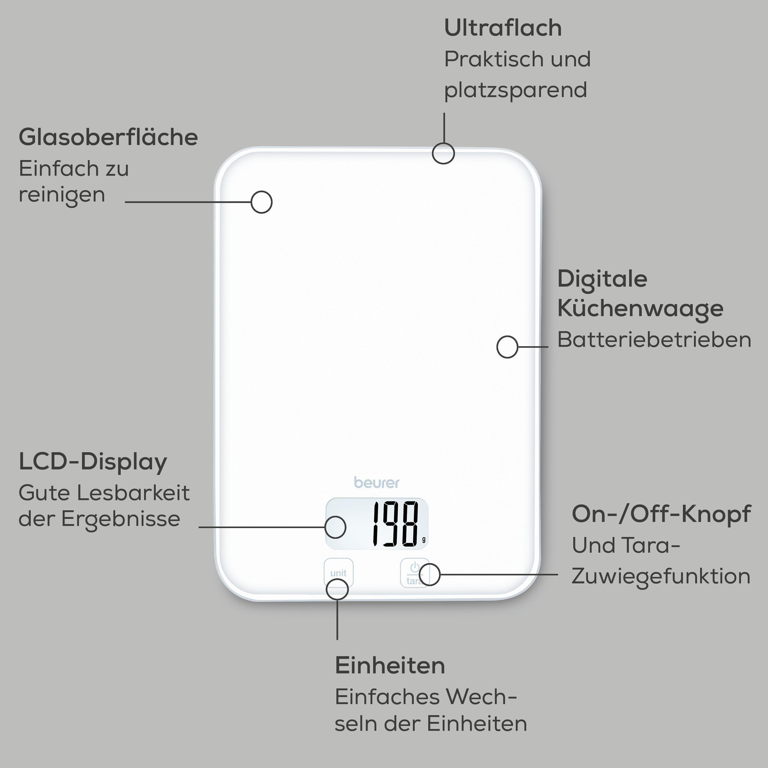 Weiße digitale Küchenwaage mit Glasoberfläche und LCD-Display, das 198g anzeigt.