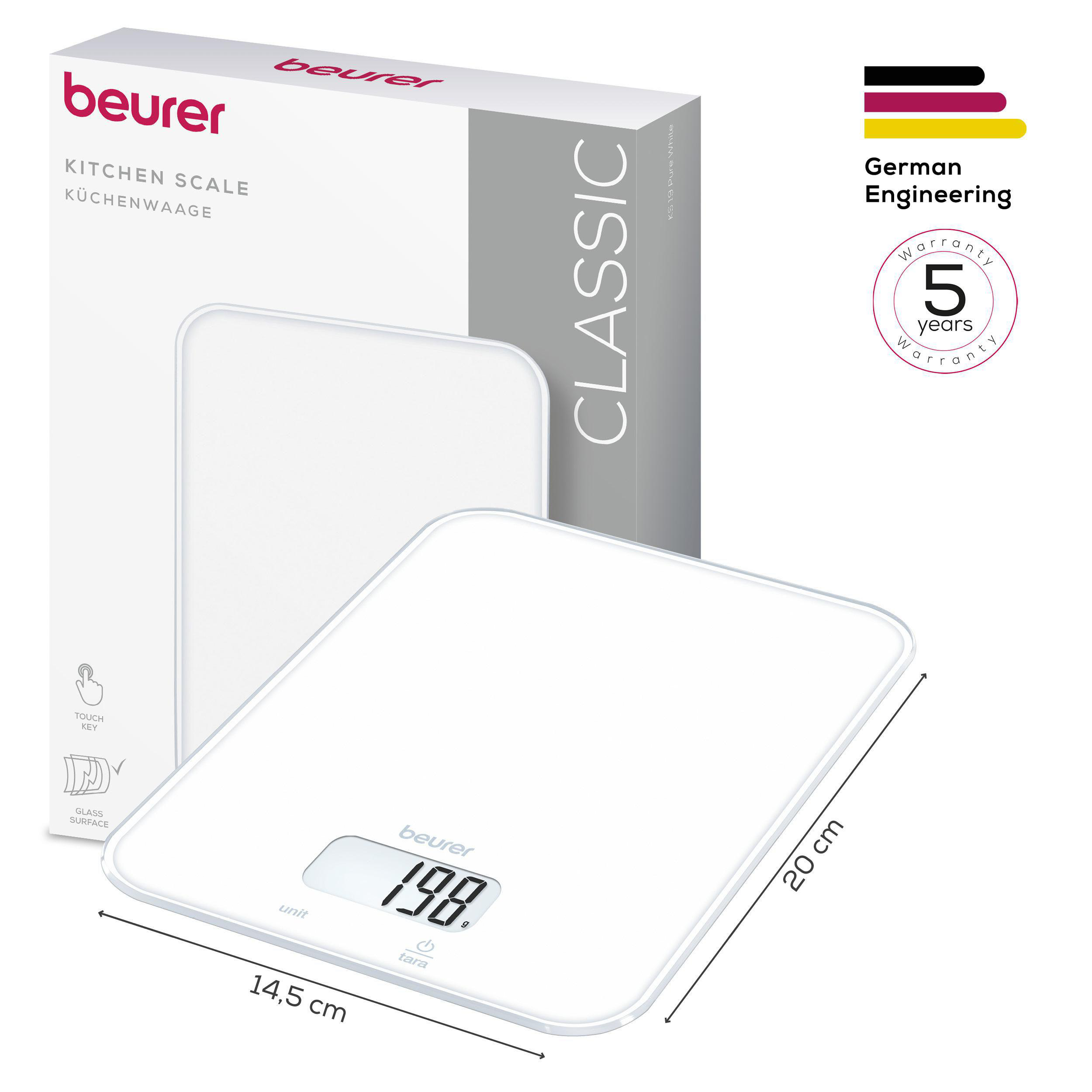 Weie Kchenwaage mit digitalen Anzeigen (198g) und Maangaben.
