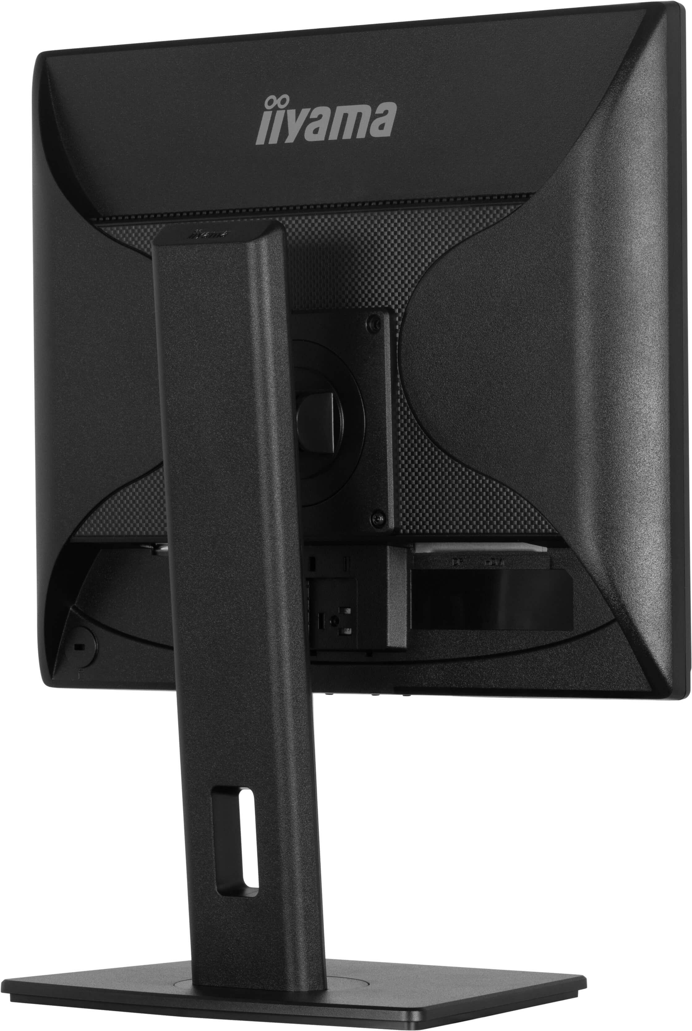 Rückseite eines schwarzen iiyama Monitors mit Standfuß und Anschlüssen.