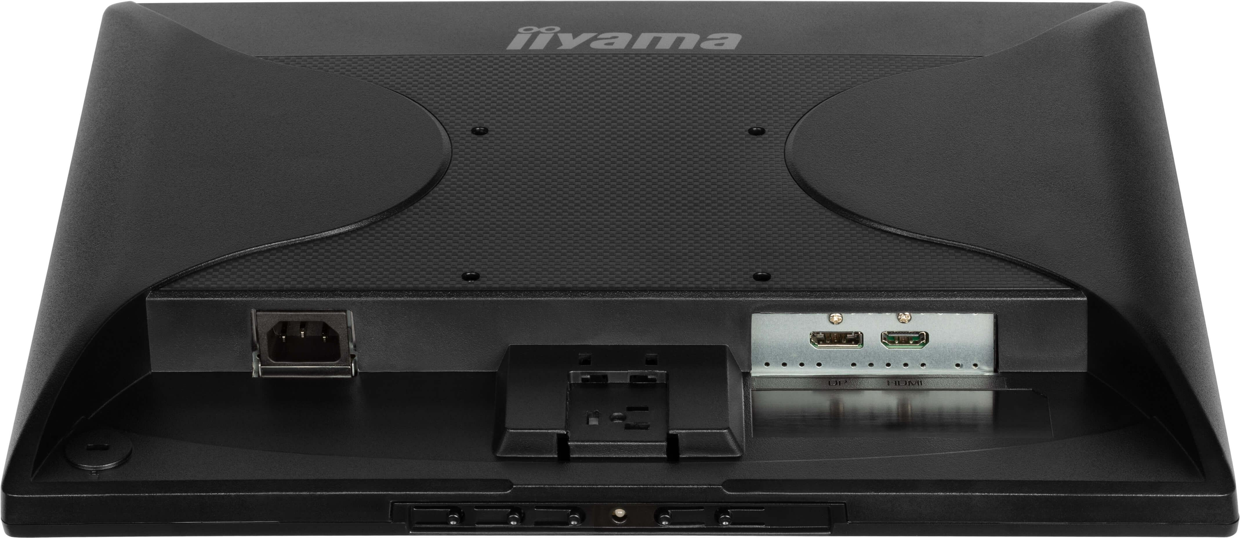 Rückseite eines schwarzen Monitors mit Anschlüssen: Strom, DP und HDMI.
