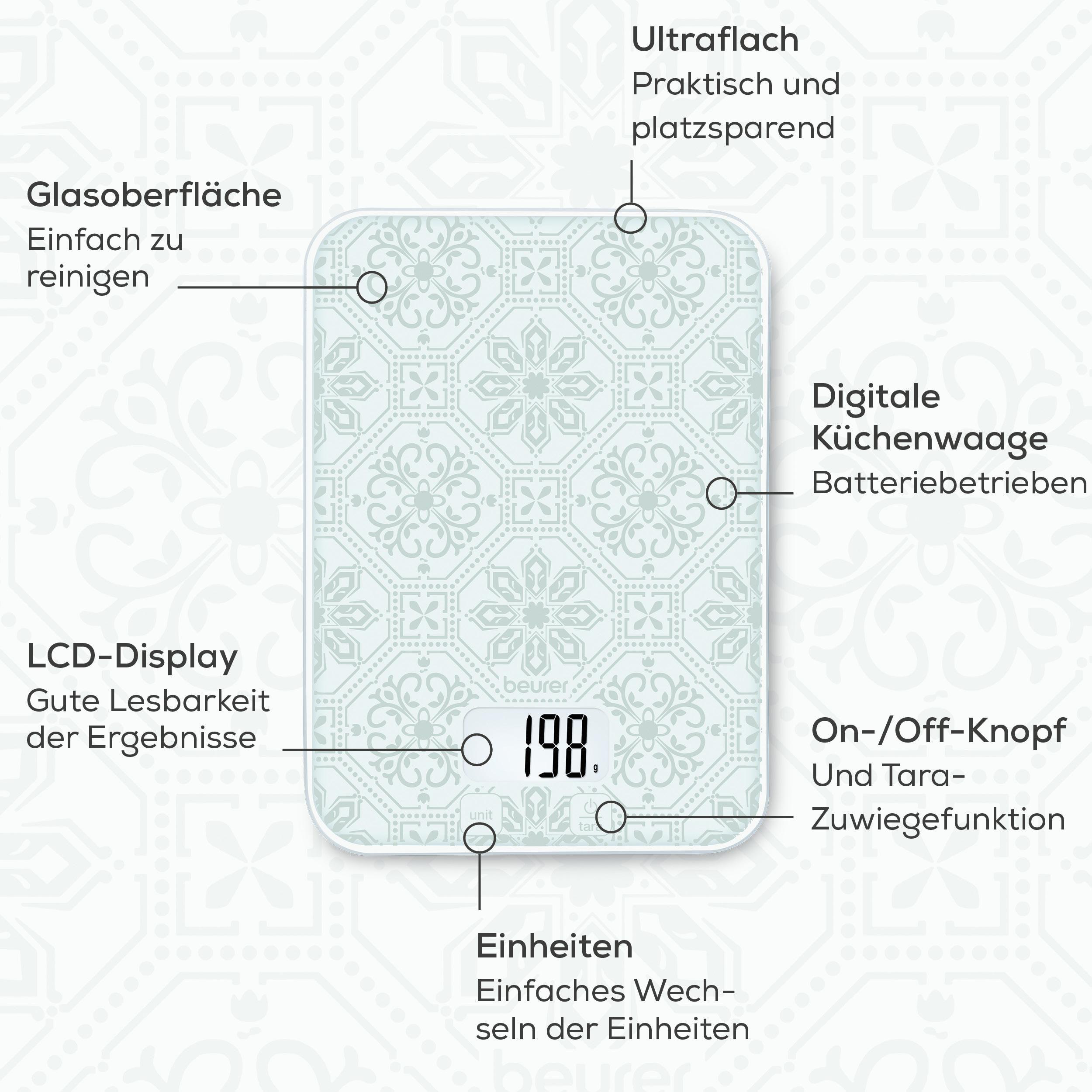 Eine weiße digitale Küchenwaage mit einem gemusterten Hintergrund und Anzeigen.