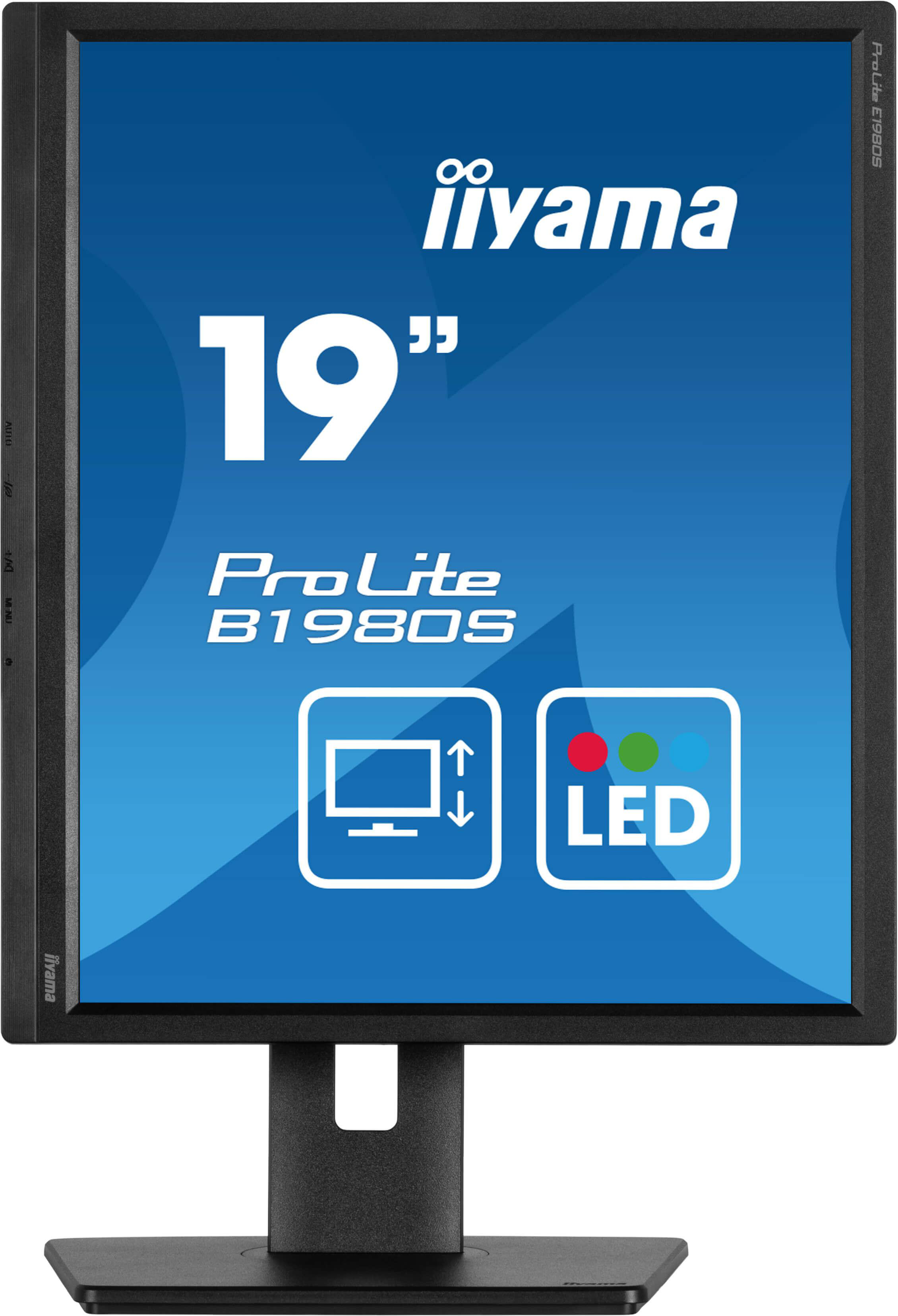 Ein 19-Zoll-iiyama ProLite B1980S Monitor mit einer blauen Hintergrundgrafik.