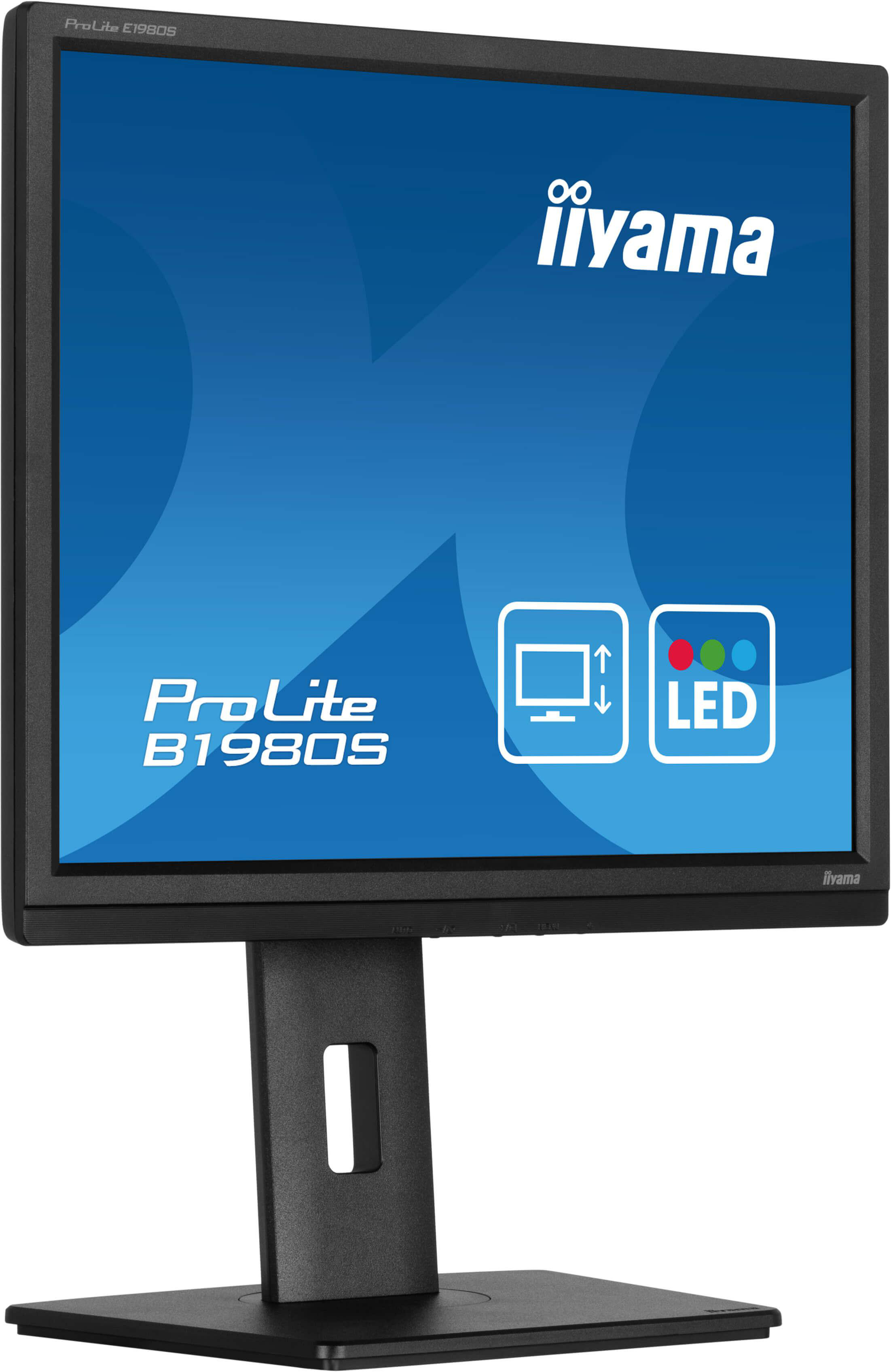 Ein schwarzer iiyama ProLite B1980S Monitor mit LED-Anzeige auf einem stabilen Ständer.