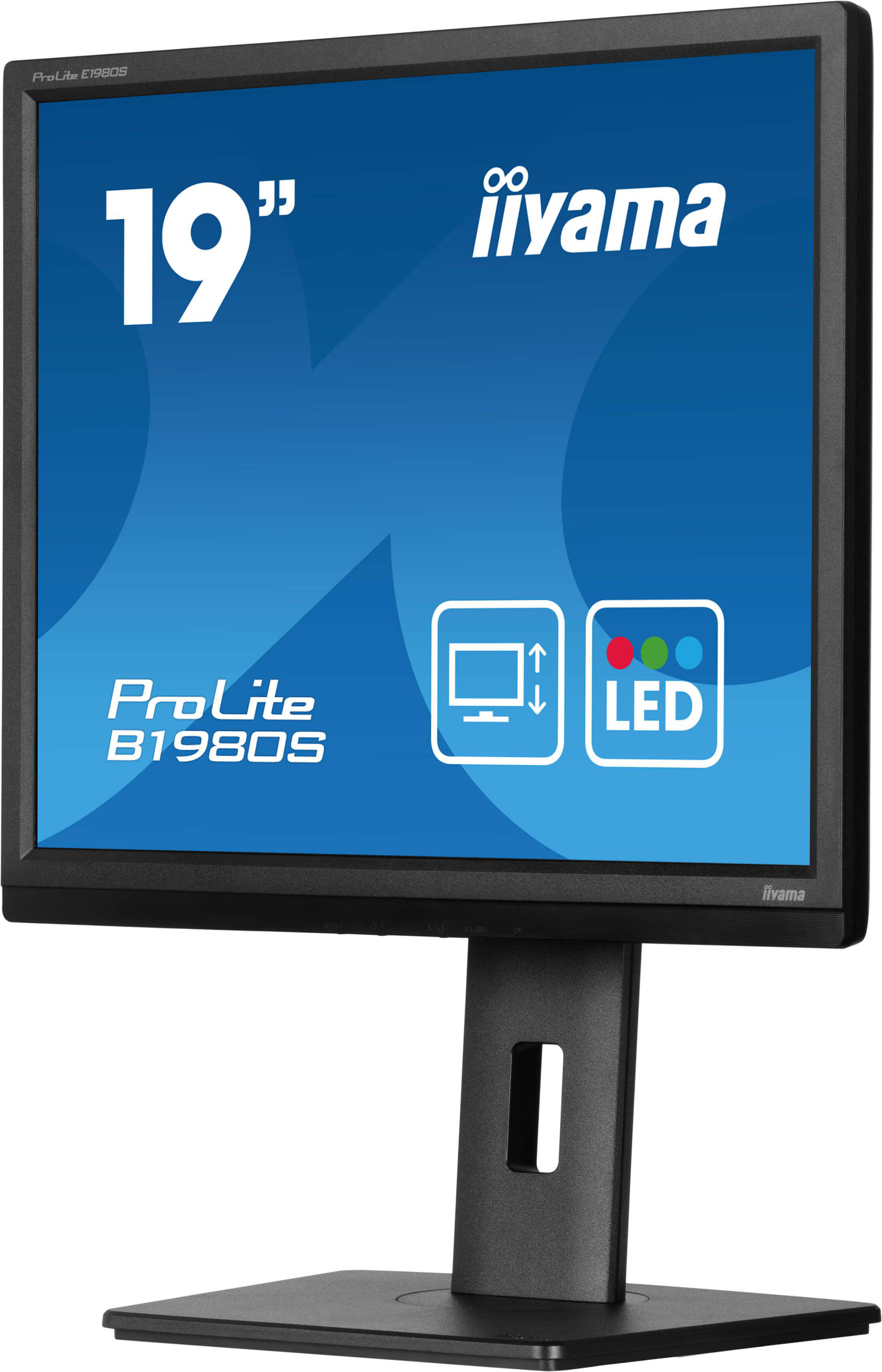 Ein 19-Zoll-iiyama ProLite B1980S LED-Monitor auf einem schwarzen Ständer.