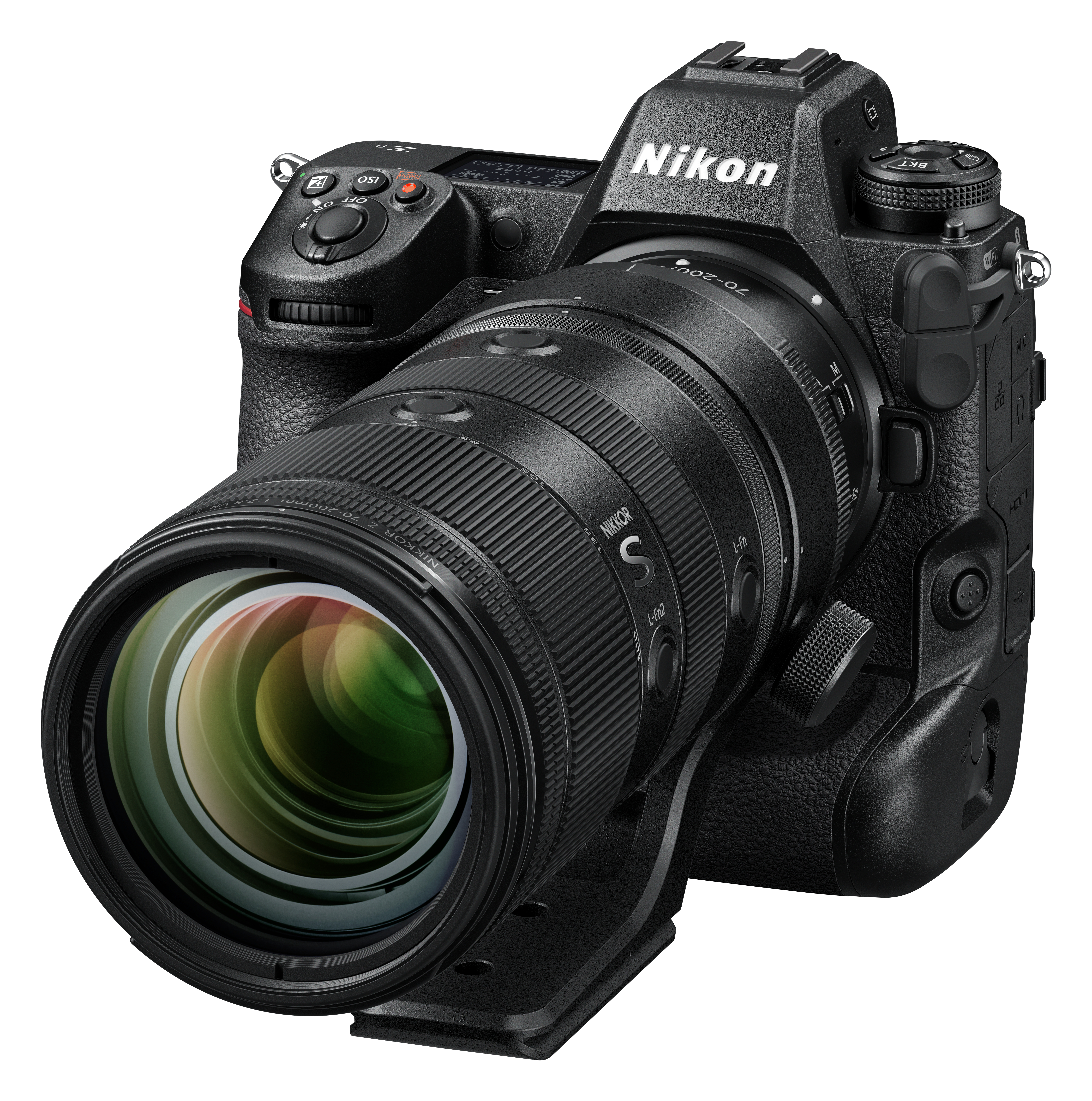 Eine schwarze Nikon Z9 Kamera mit einem Nikkor 70-200mm Objektiv, von der Seite gezeigt.