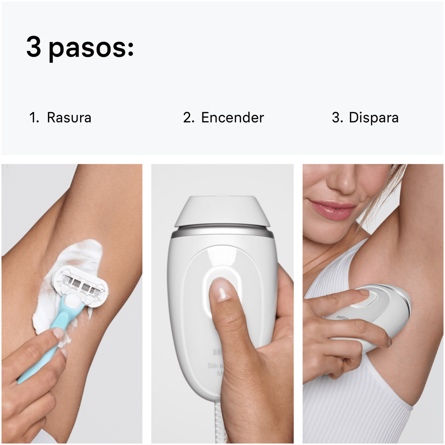 3 pasos: 1. Rasura. 2. Encender. 3. Dispara.