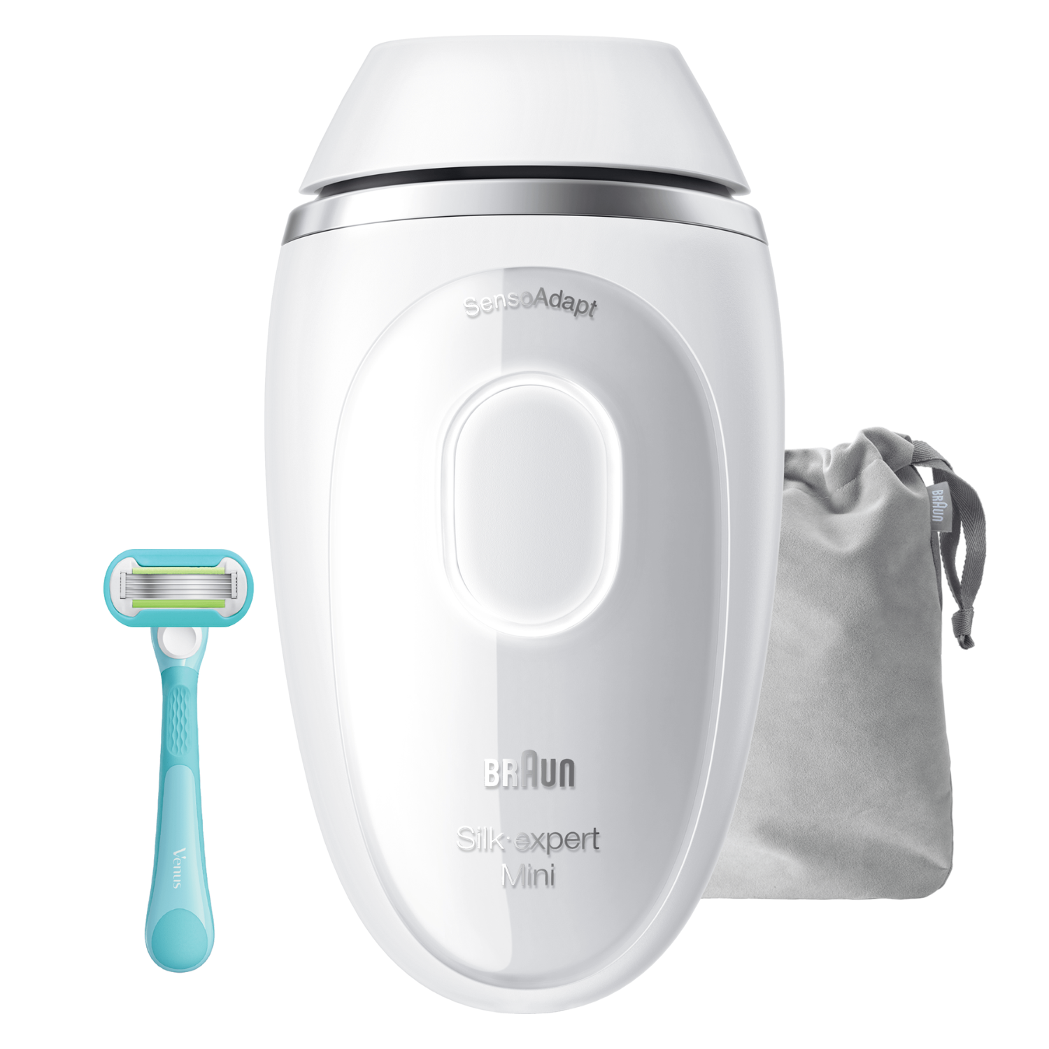 Un dispositivo Braun Silk-expert Mini IPL blanco con una maquinilla Venus azul y una bolsa gris.