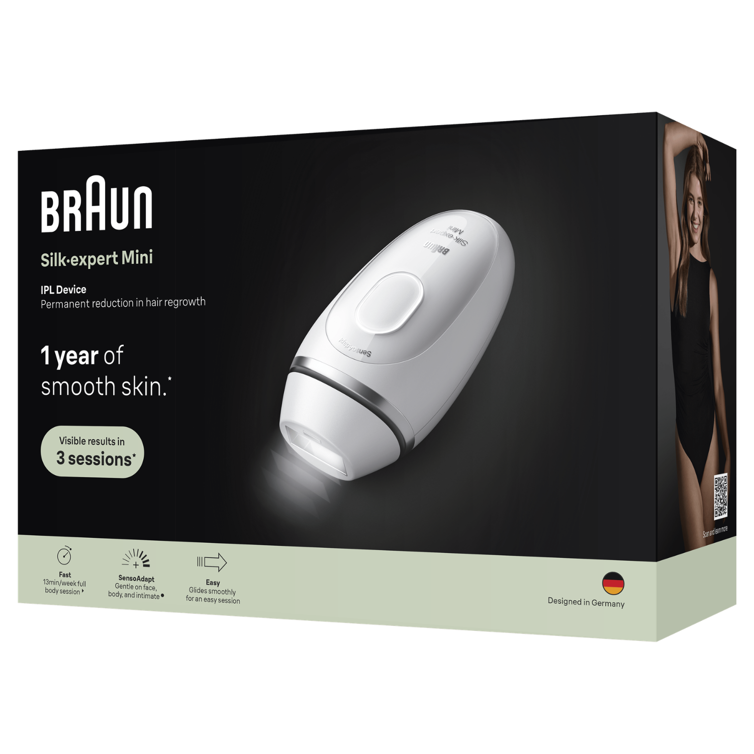 Dispositivo IPL Braun Silk-expert Mini en caja negra con mujer y producto.