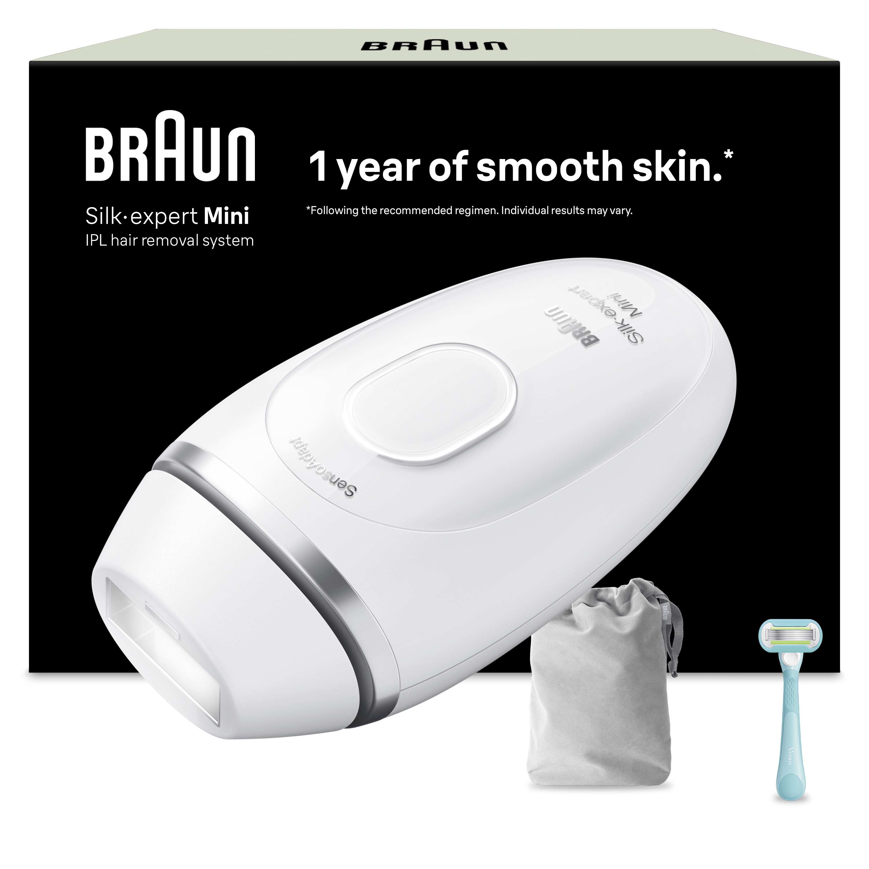 Dispositivo Braun IPL, bolsa y maquinilla de afeitar sobre fondo negro.