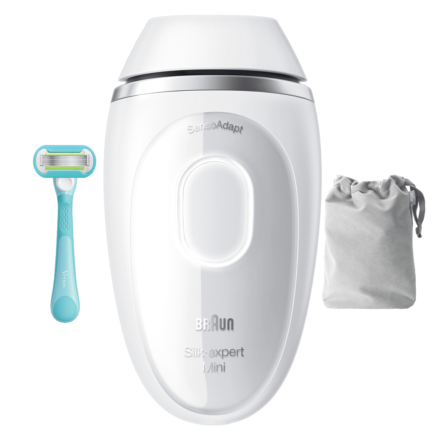 Dispositivo blanco de depilación IPL Braun con maquinilla Venus y bolsa.
