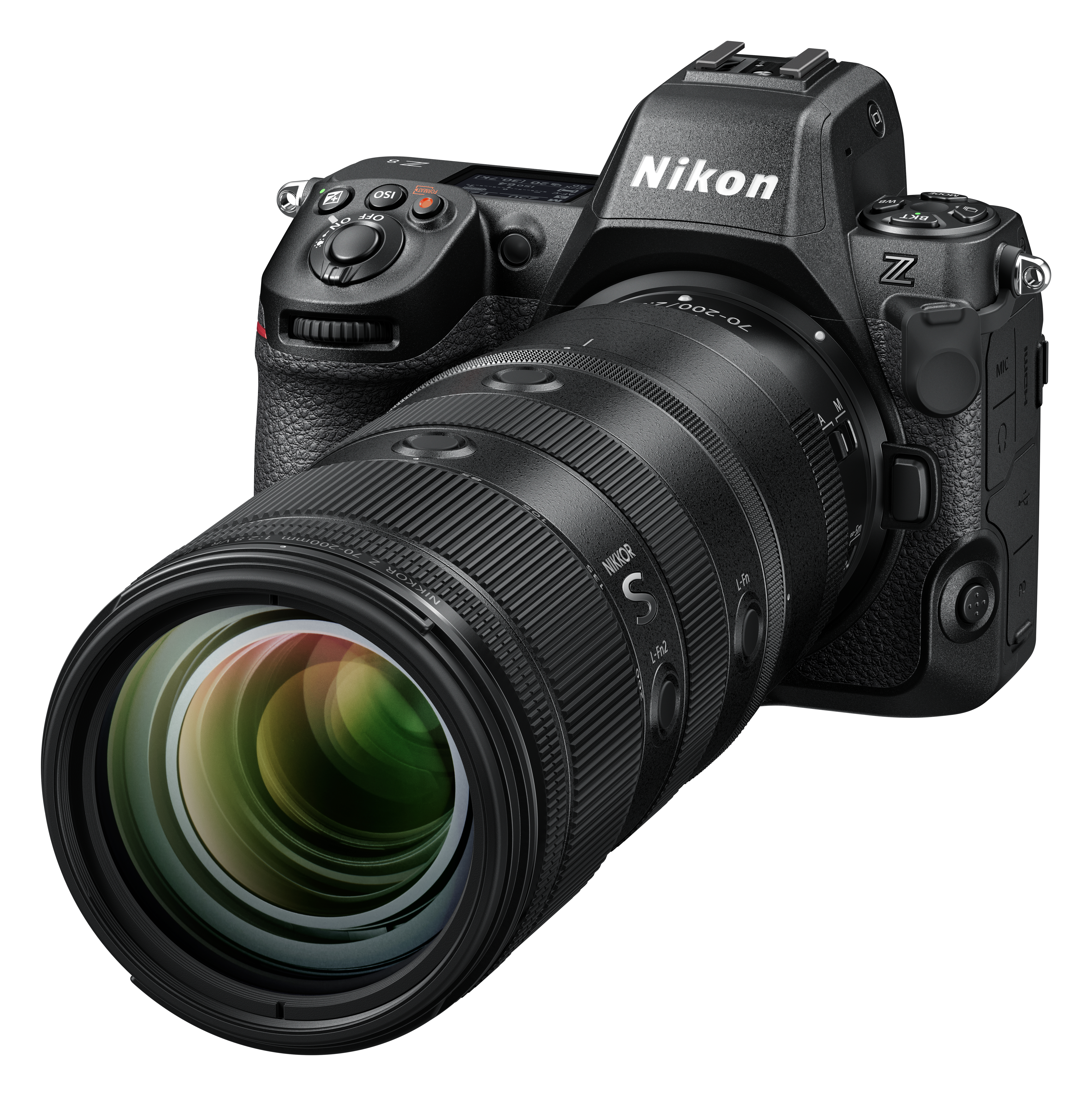 Eine schwarze Nikon Z-Kamera mit einem 70-200-mm-Objektiv ist auf weißem Hintergrund abgebildet.