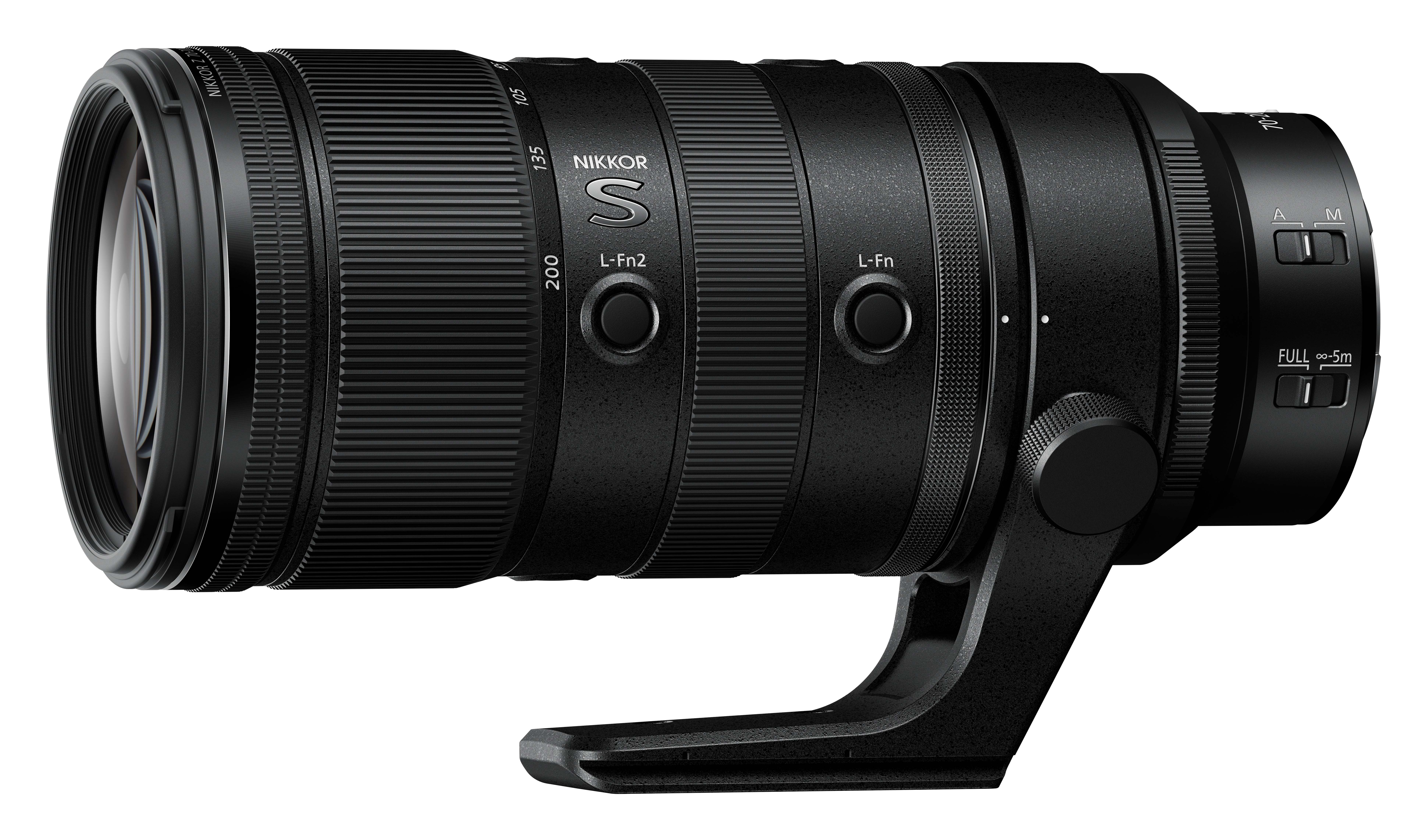 Schwarzes NIKKOR S Teleobjektiv mit Fokusring, Zoomring und Stativschelle.