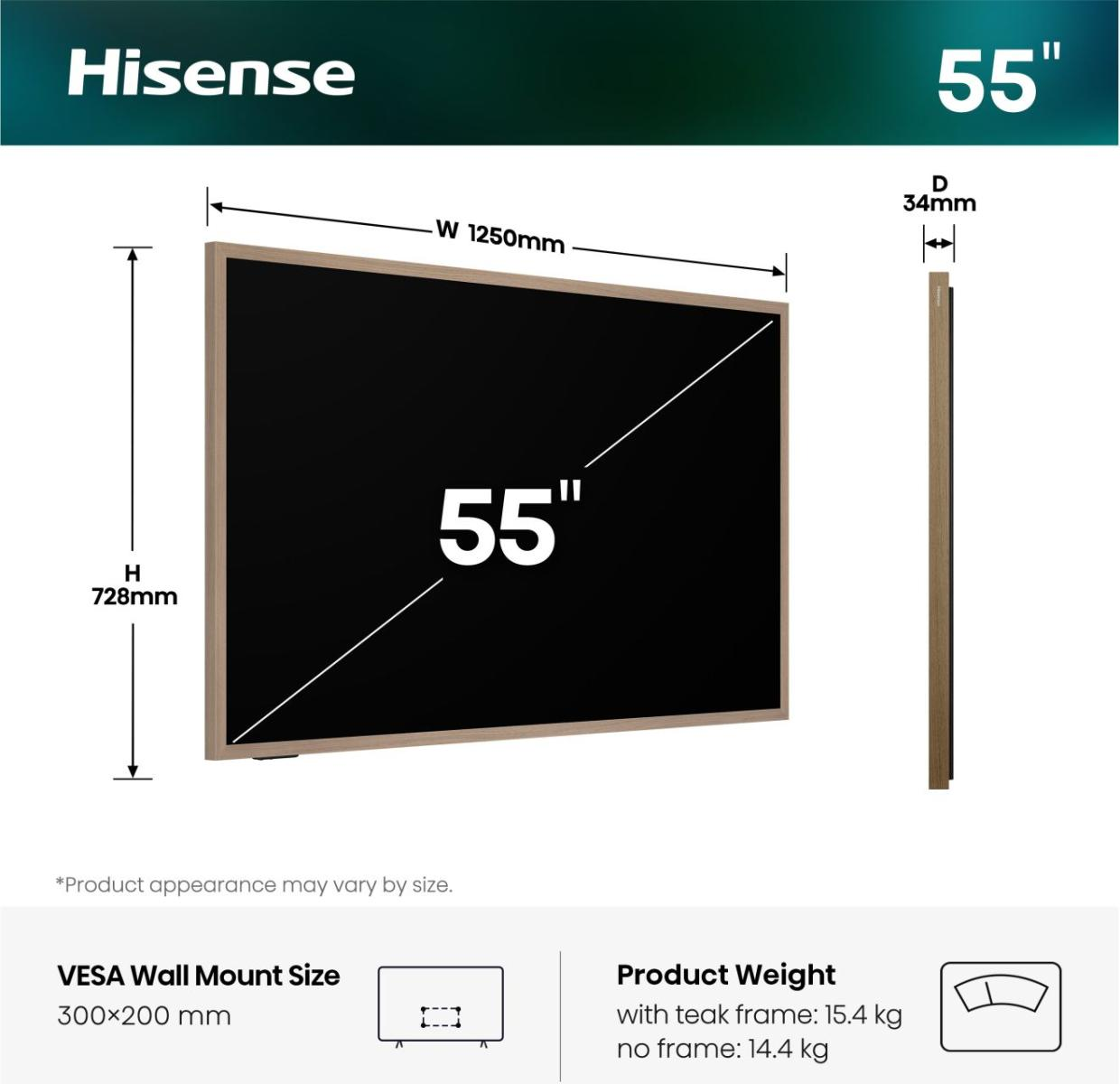 Hisense 55-Zoll-Fernseher mit Maßen: B 1250mm, H 728mm, T 34mm. VESA 300x200mm.