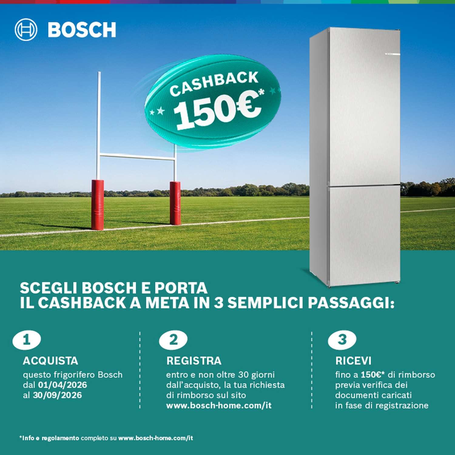 Logo Bosch, frigorifero, pali da rugby e grafica pallone con 150€ di cashback.