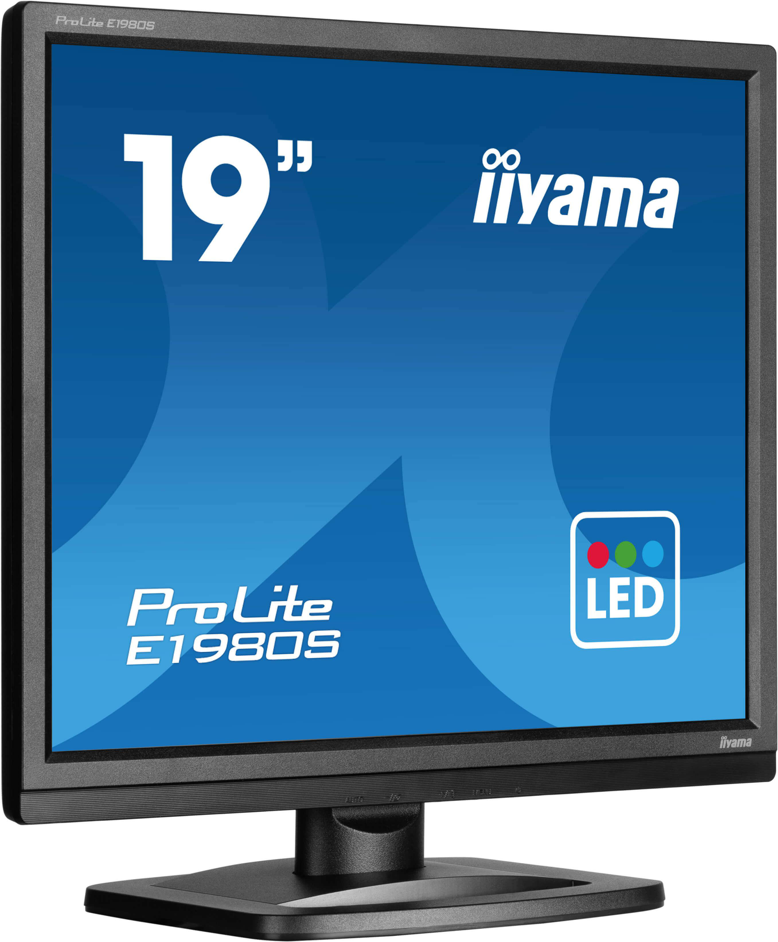 Ein 19-Zoll Iiyama ProLite E1980S LED-Monitor auf einem Ständer vor blauem Hintergrund.
