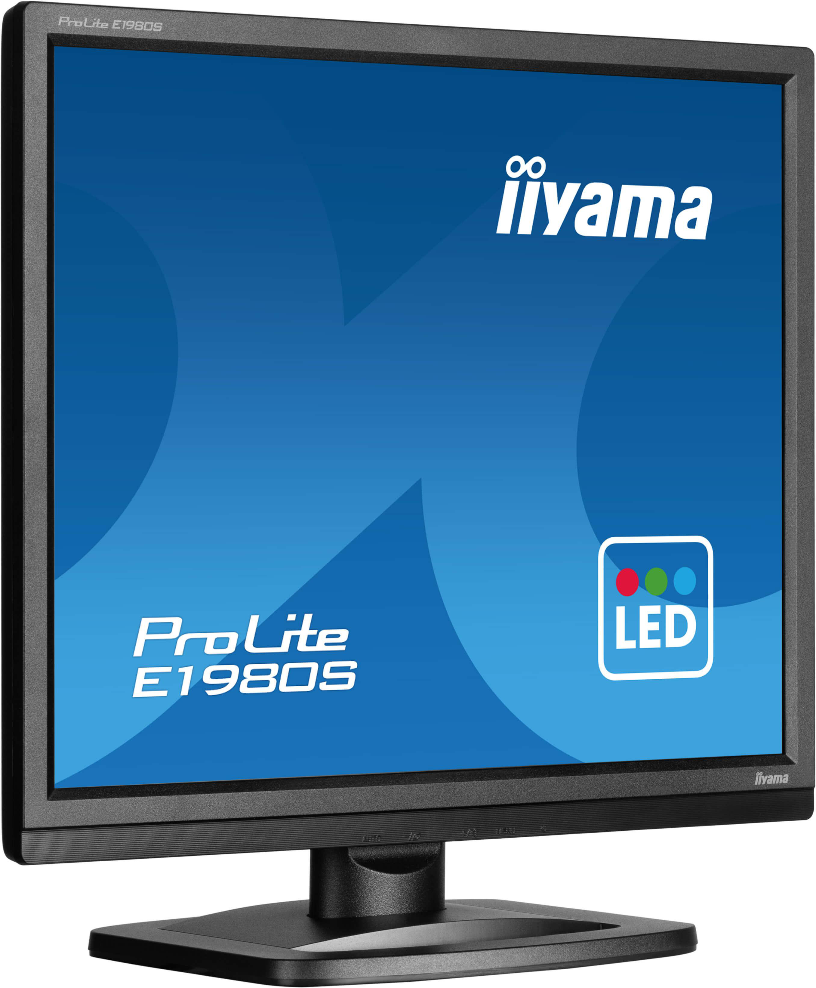 Ein schwarzer Iiyama ProLite E1980S LED-Monitor mit blauem Bildschirm.