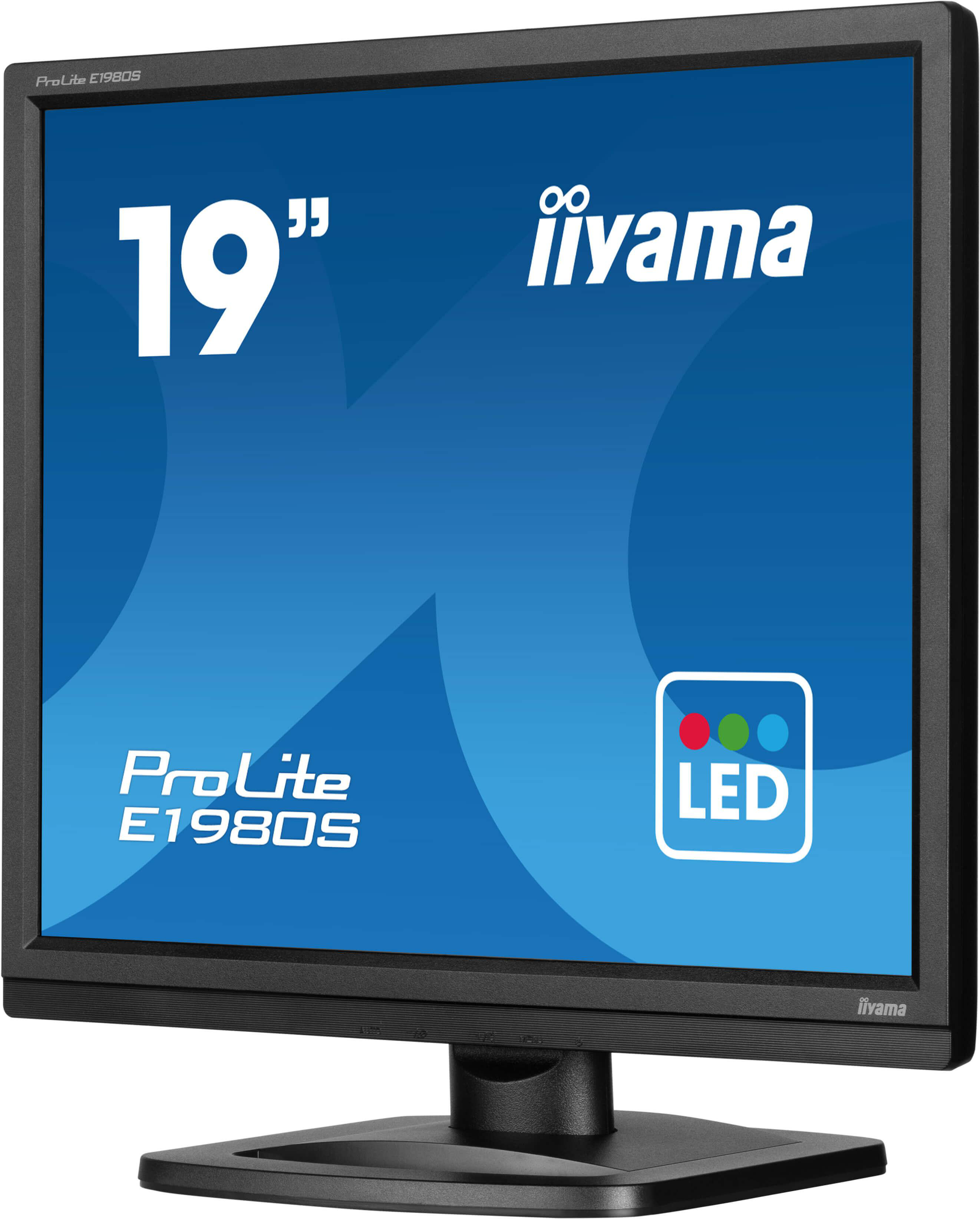 Ein 19-Zoll-iiyama-Monitor mit ProLite E1980S-Logo und LED-Symbol.