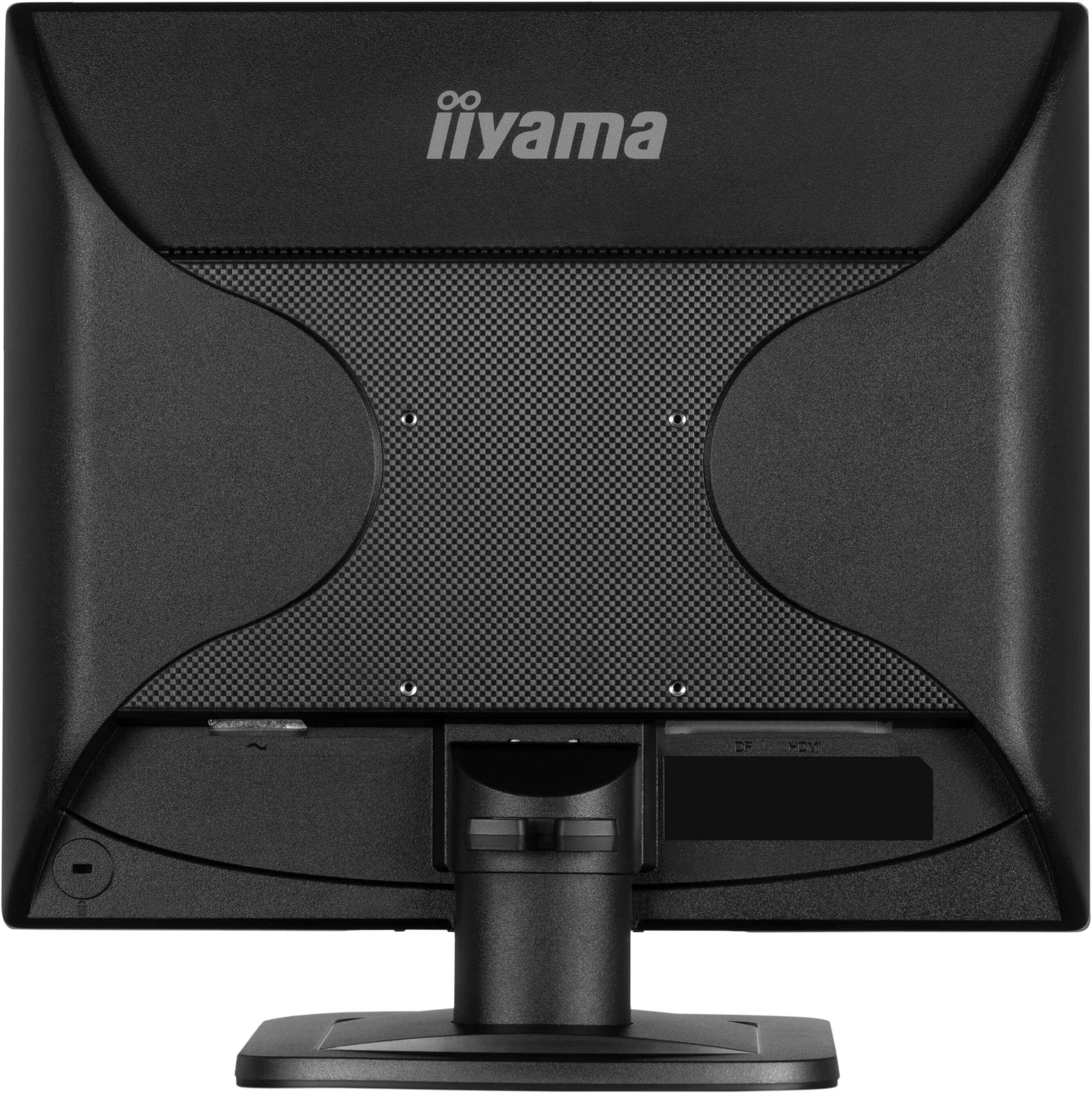 Rückseite eines schwarzen iiyama Monitors mit Carbonmuster-Akzenten und Anschlüssen.