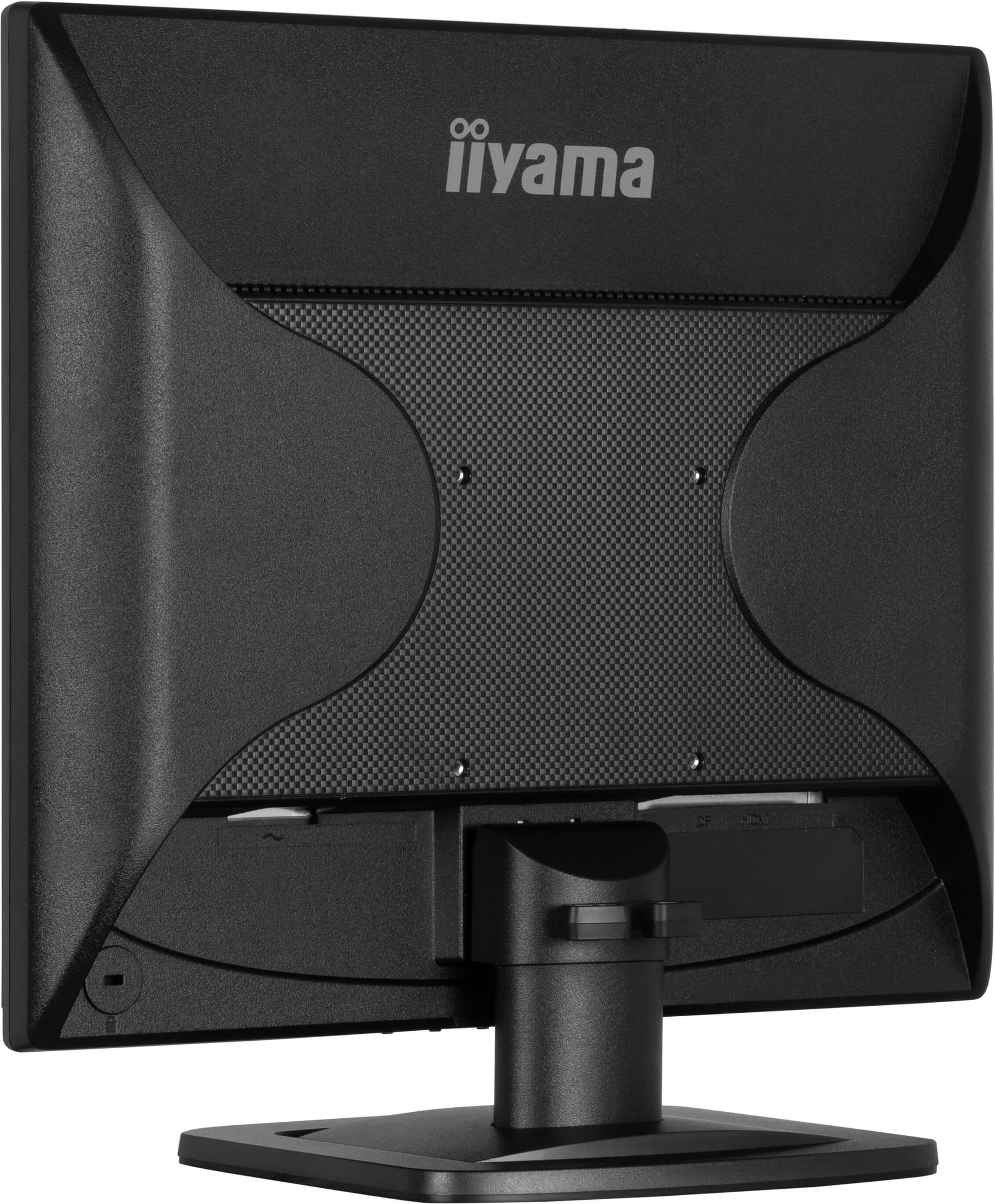 Rückansicht eines schwarzen iiyama Monitors mit Carbonfaser-Muster-Akzenten.